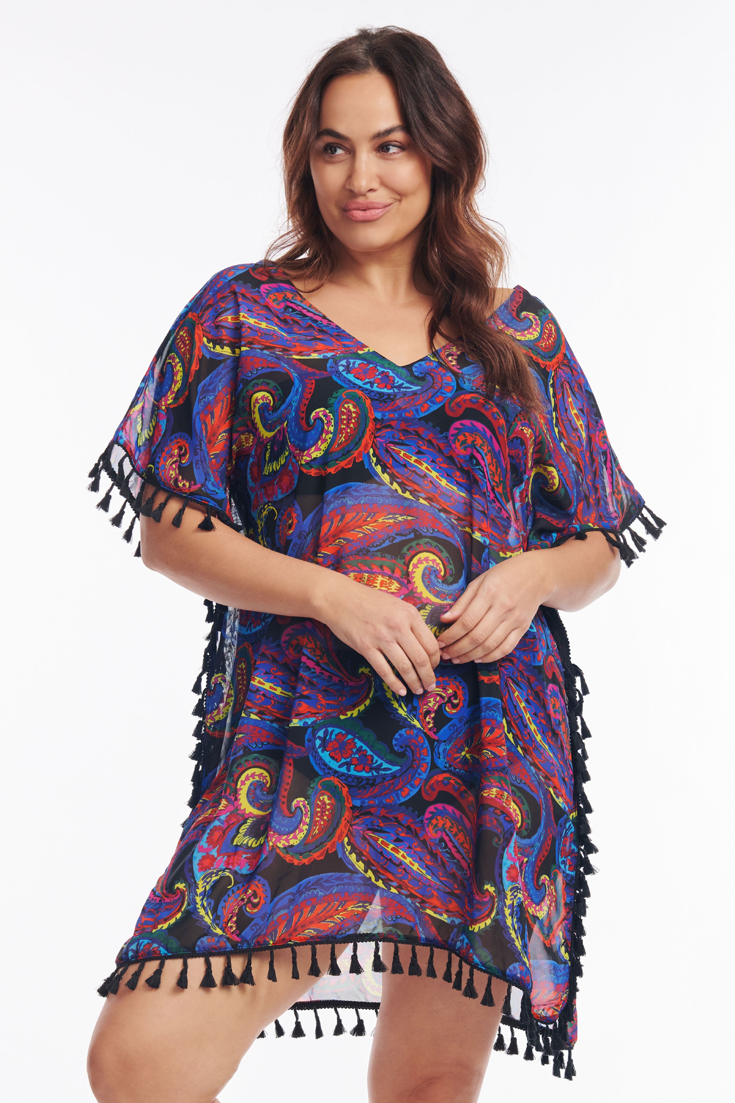 Plus Size Kaftan Coverup with Tassel Trim - French Paisley Print Beach Dress for Women | Perfect for Poolside, Vacation & Summer Outfits