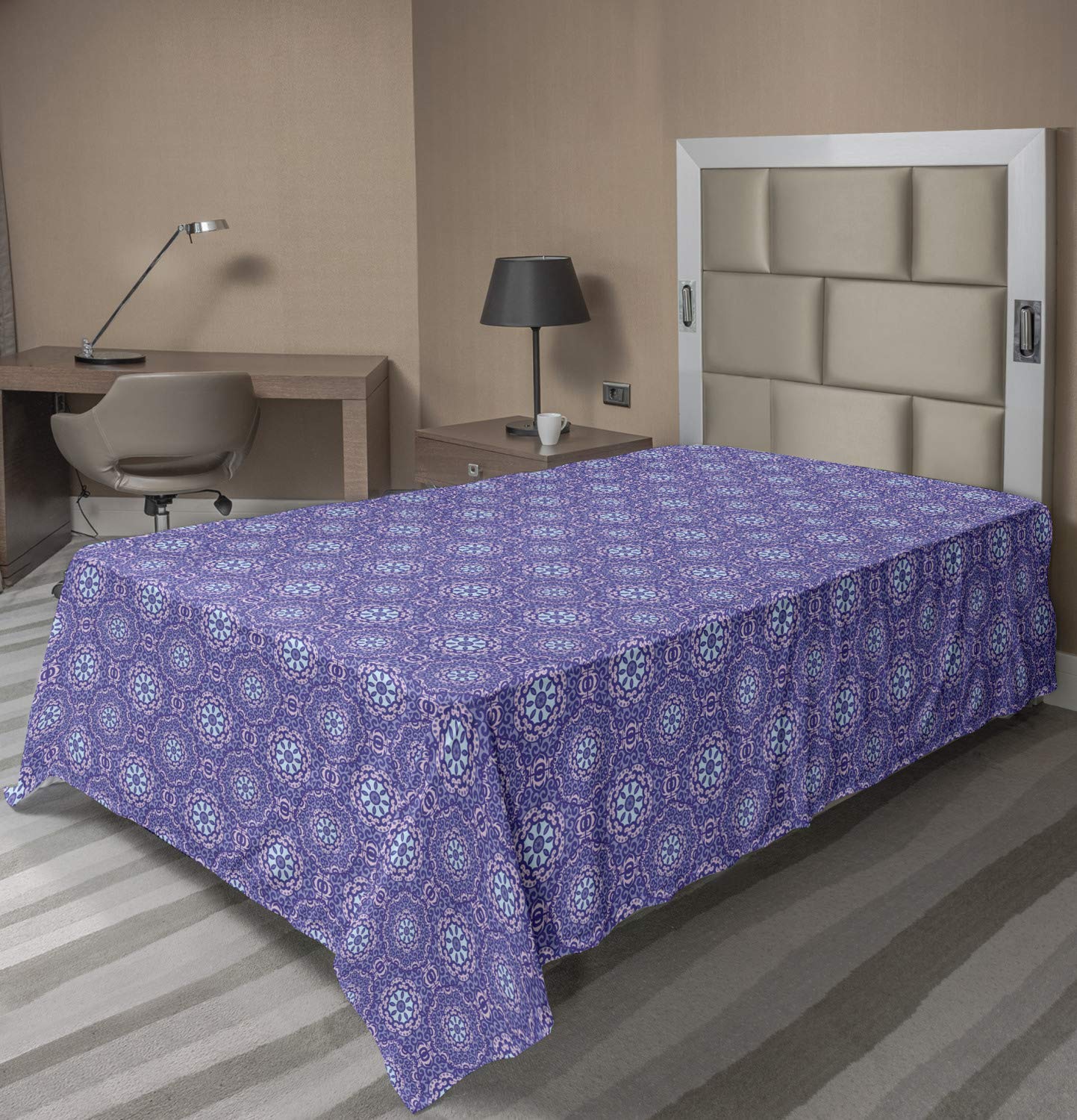 Ambesonne Oriental Flat Sheet - Vibrant Curlicue & Medallion Motifs, Soft Comfortable Decorative Bedding - TwinXL Size (Blue Violet Lavender) - Perfect for Guest Rooms, Dorm Decor & Bohemian Style Bedrooms
