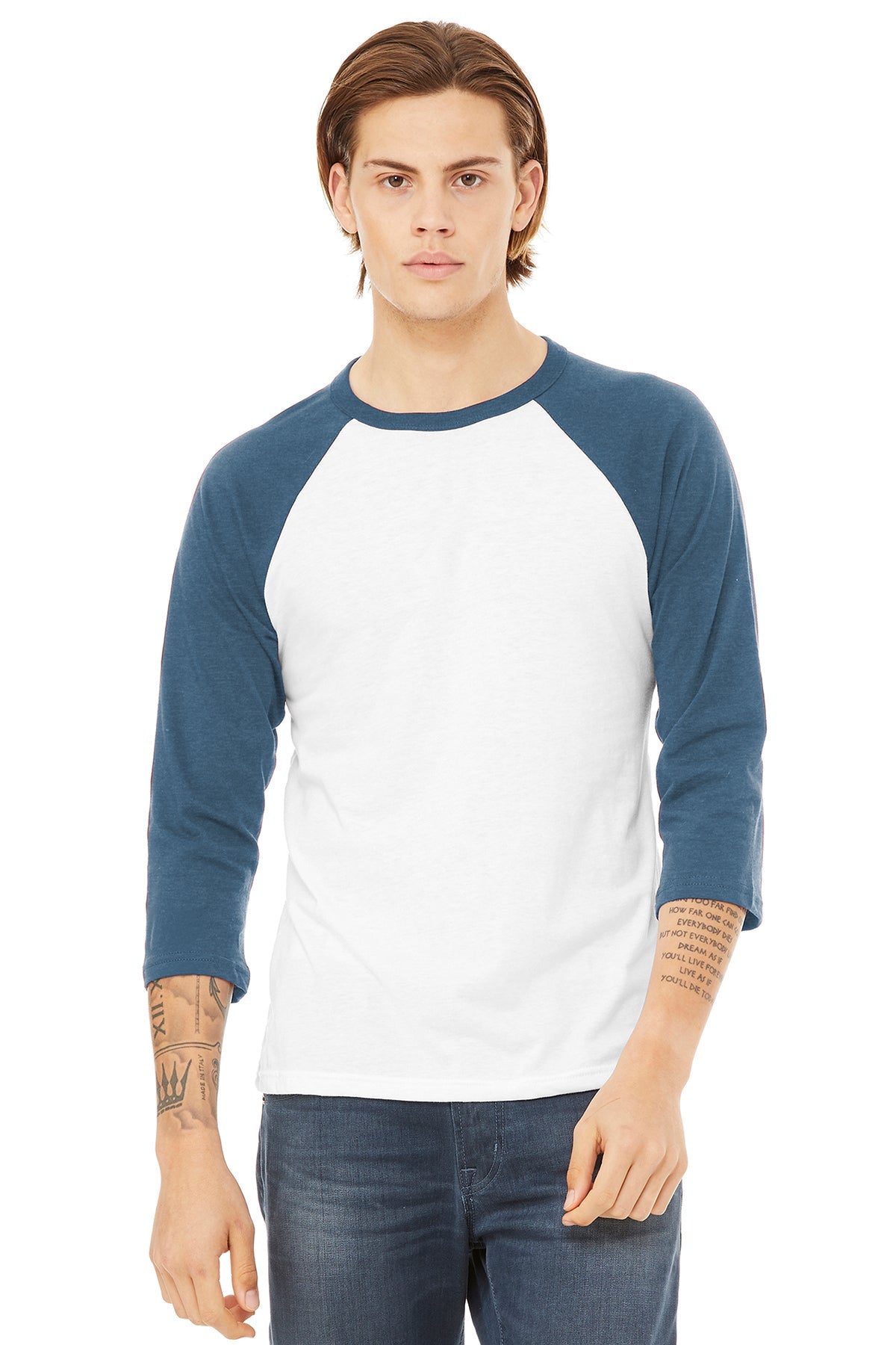 Bella Canvas Unisex 3/4 Sleeve Baseball Tee - Soft Cotton Blend T-Shirt for Men & Women (White/Denim) - Perfect for Casual Wear, Sports & Street Fashion