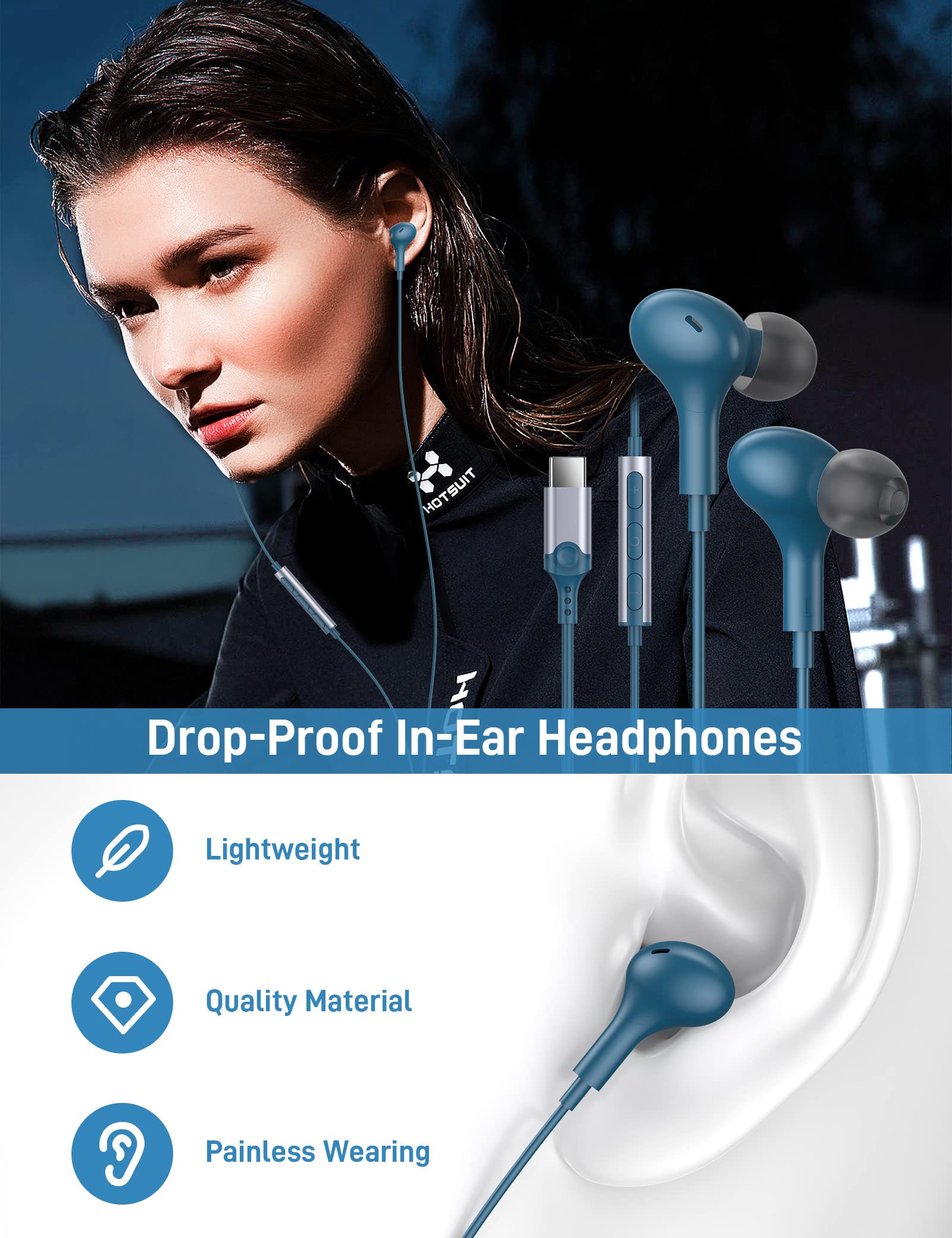 USB C Wired Earbuds with Microphone - Compatible with iPhone 16/15 Pro Max, iPad, Samsung Galaxy S25/S24 Ultra, Google Pixel 9/8, OnePlus - Noise Isolating In-Ear Headphones (Lake Blue) - Perfect for Work Calls, Gaming & Commuting