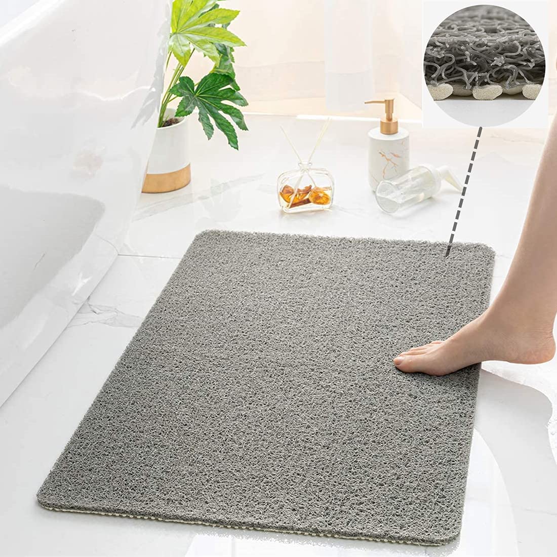 Non-Slip Shower Mat - Soft Textured Bath Mat with Quick Drain & Fast Drying | Phthalate-Free PVC Loofah Bathroom Rug (15.5