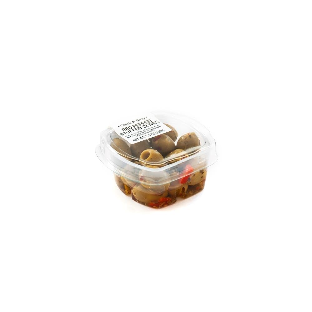 Fresh Pack Red Pepper Stuffed Olives, 5.3 oz (150g) - Premium Mediterranean Appetizer for Charcuterie Boards, Salads & Cocktail Garnish