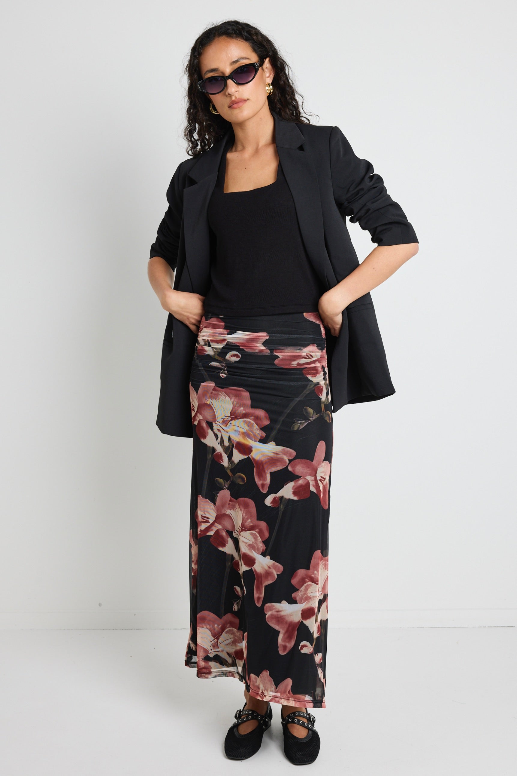 Elegant Manner Blush Floral Rouched Mesh Midi Skirt for Women - Perfect for Spring/Summer, Date Nights & Garden Parties