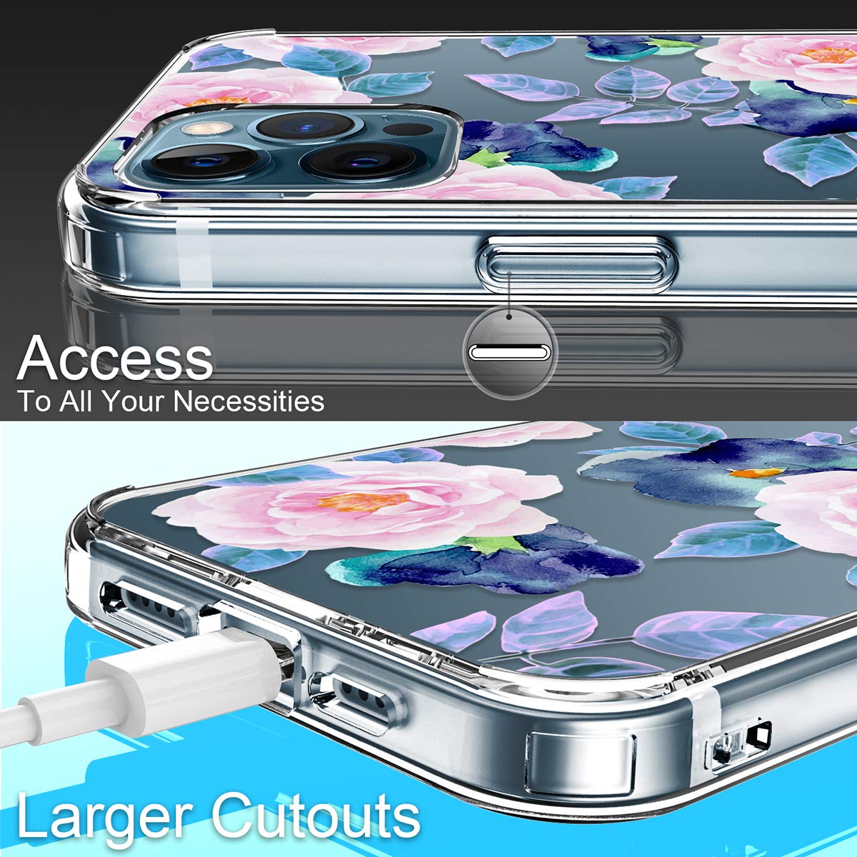 GiiKa iPhone 12 Pro Max Case with Screen Protector - Clear Shockproof Floral Design Hard Case with TPU Bumper - Protective Phone Cover for Women & Girls (Pink Blue Flowers) - Perfect for Everyday Use, Work & Travel Protection