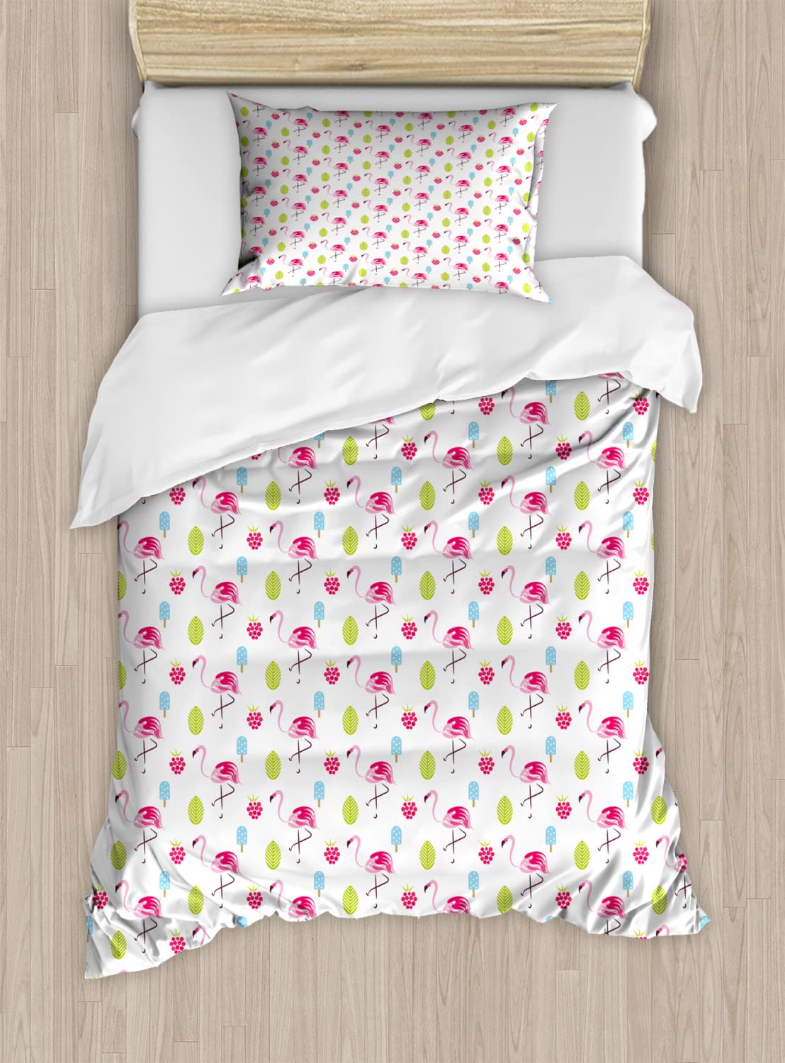 Ambesonne Flamingo Duvet Cover Set - Cheerful Exotic Summer Holiday Pattern with Cartoon Ice Cream, Raspberry & Palm Leaves - 2 Pack Twin Size Bedding Set Includes 2 Duvet Covers & 2 Pillowcases - Perfect for Kids' Room, Beach House Decor or Tropical Themed Bedroom