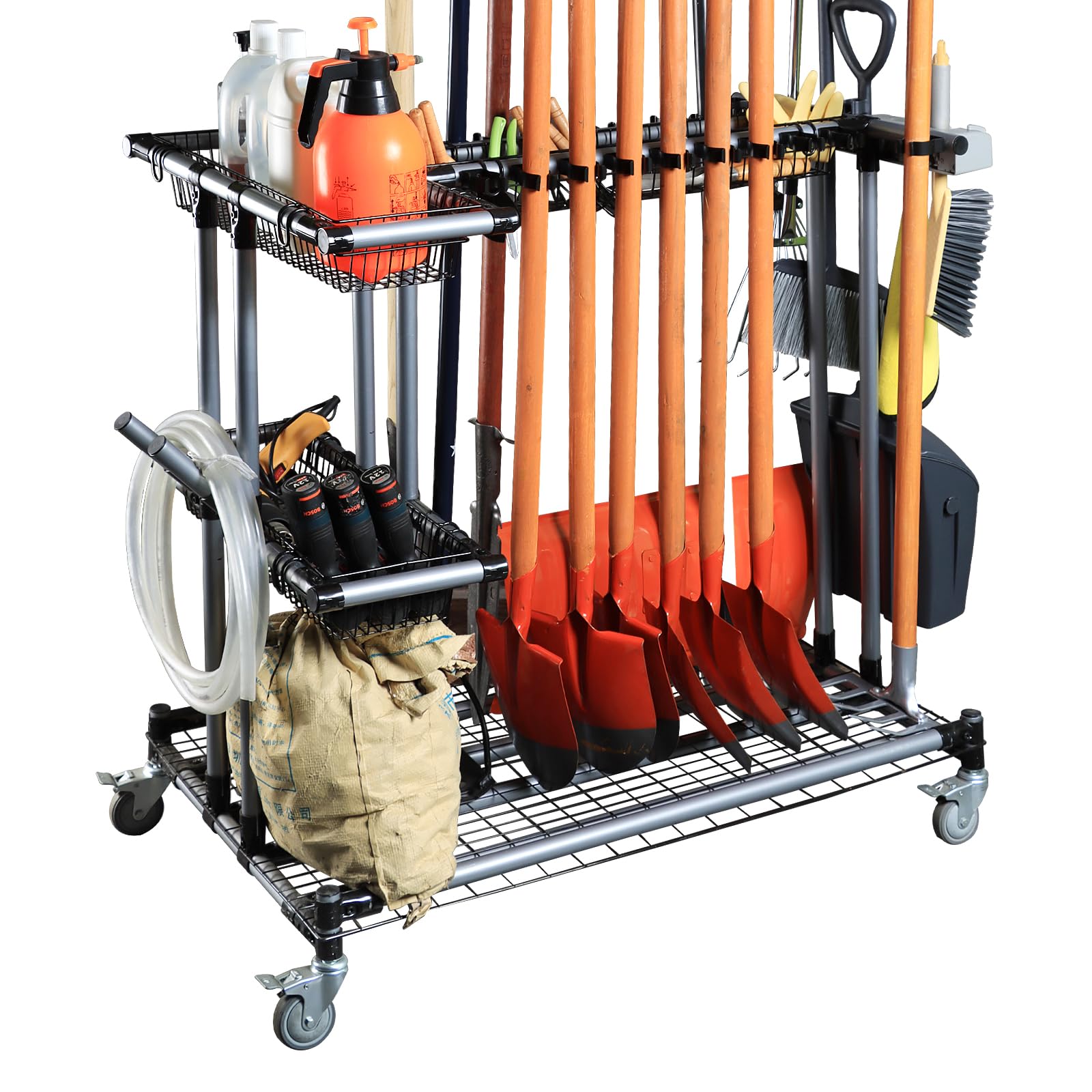 JGLDG Heavy-Duty Yard Tool Storage Rack with 4 Rolling Casters - Organize Garden Tools, Shovels & Rakes Easily - Perfect for Garage, Shed & Outdoor Storage