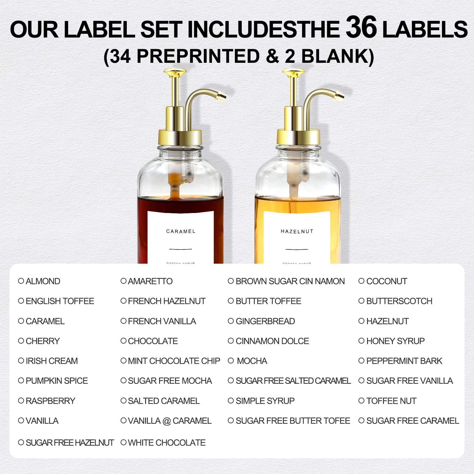 2-Pack 16.9 oz (500ml) Glass Coffee Syrup Dispenser Bottles with Gold Pump - Includes 36 Labels & Bamboo Tray - Perfect for Coffee Shops, Home Bars & DIY Beverage Stations