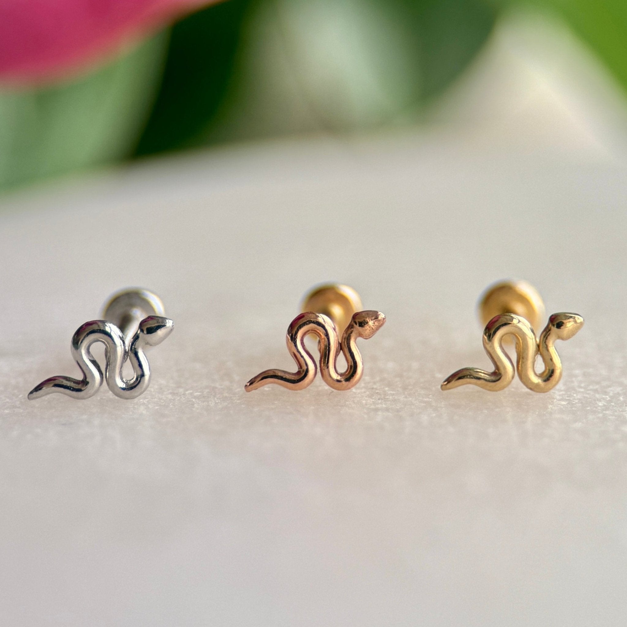 14k Rose Gold Snake Flat Back Stud Earrings - Hypoallergenic Dainty Jewelry for Women - Perfect for Everyday Wear, Parties & Gifts