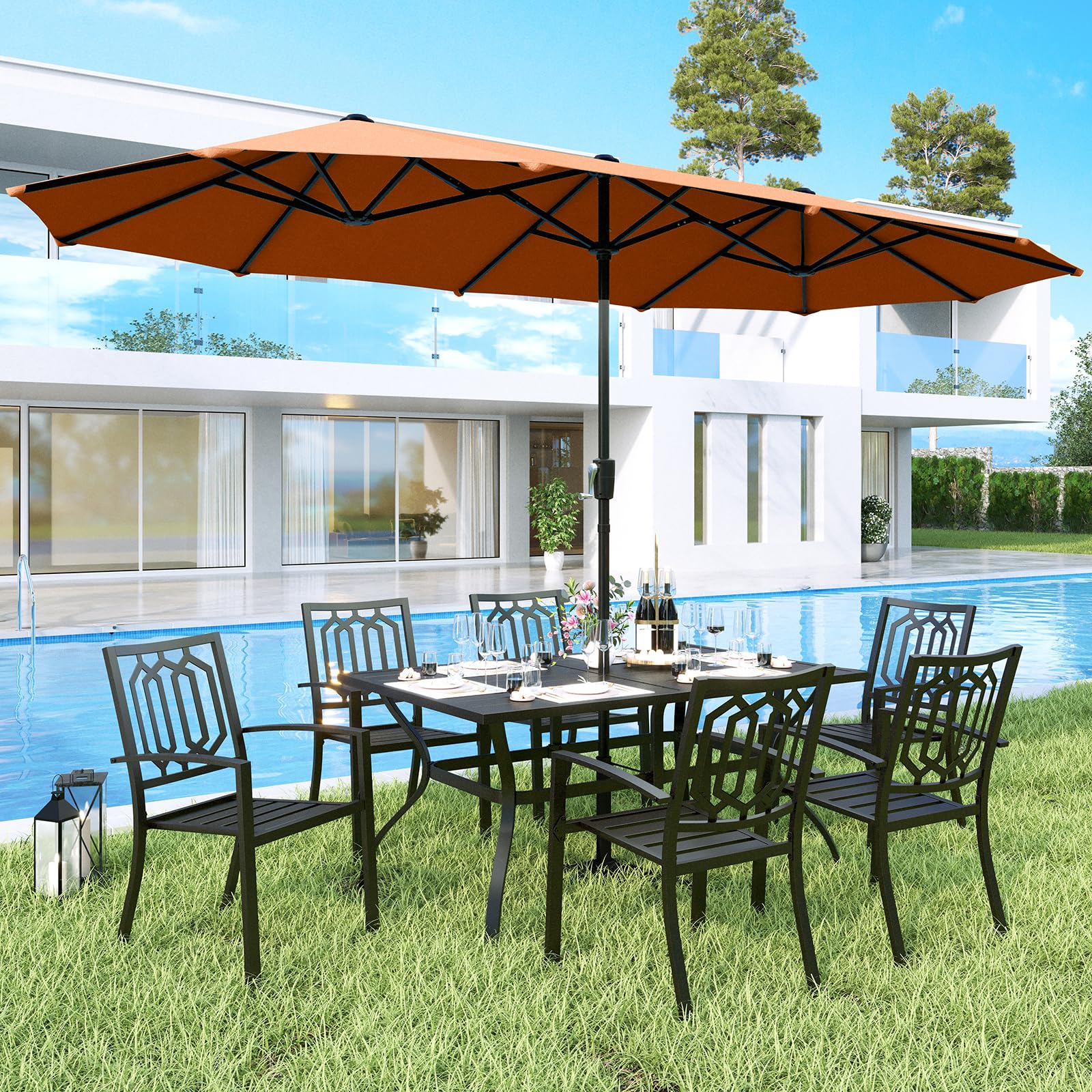 MFSTUDIO 6-Piece Outdoor Dining Set with Steel Frame Table, Stackable Chairs & 13ft Umbrella (Orange Red) - Perfect for Backyard, Garden, Patio & Poolside Entertaining (Umbrella Base Sold Separately)