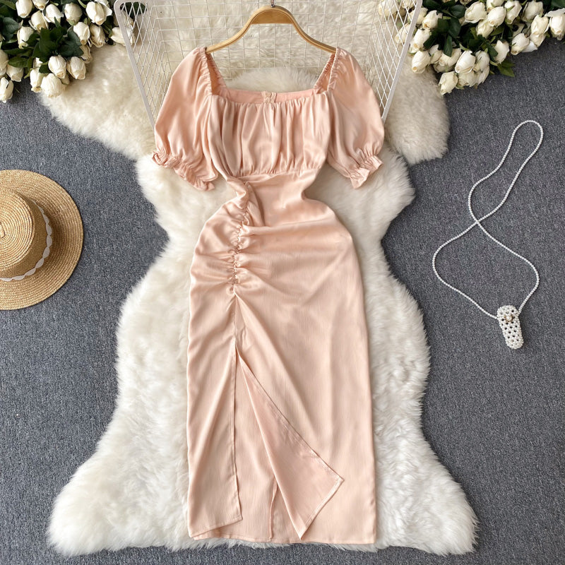 French Retro Chic Break Slit Puff Sleeve Dress for Women - Vintage Floral Summer Dress with Side Slit & Puffy Sleeves | Perfect for Beach Vacations, Date Nights & Summer Parties