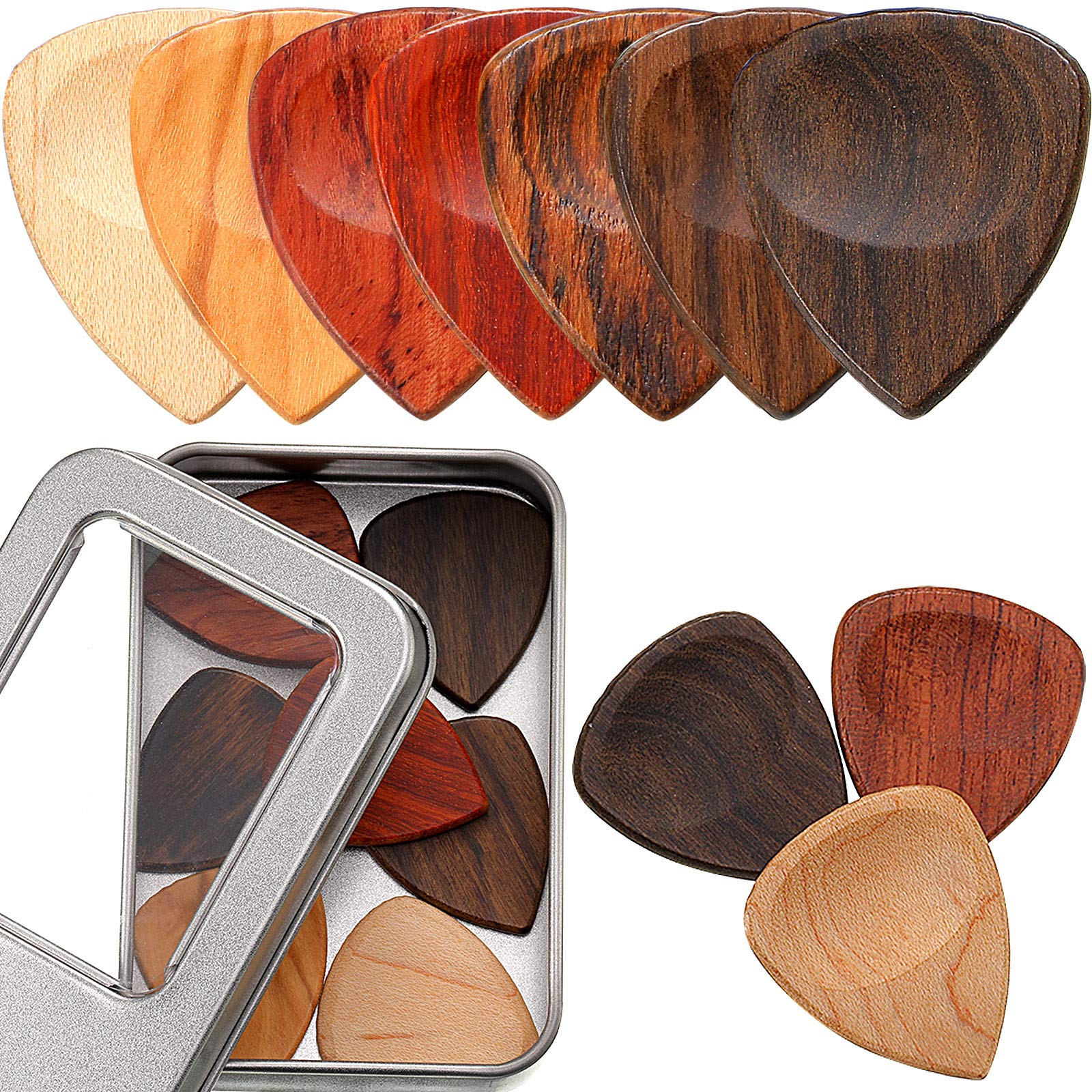 Premium 10-Piece Exotic Wood Guitar Picks Set - African Red Sandalwood, Chacate Preto, Olive Wood, Rosewood, Maple, Ebony & Golden Sandalwood - Handcrafted Wooden Plectrums for Archtop, Acoustic & Electric Guitars - Perfect for Professional Musicians & Guitar Enthusiasts