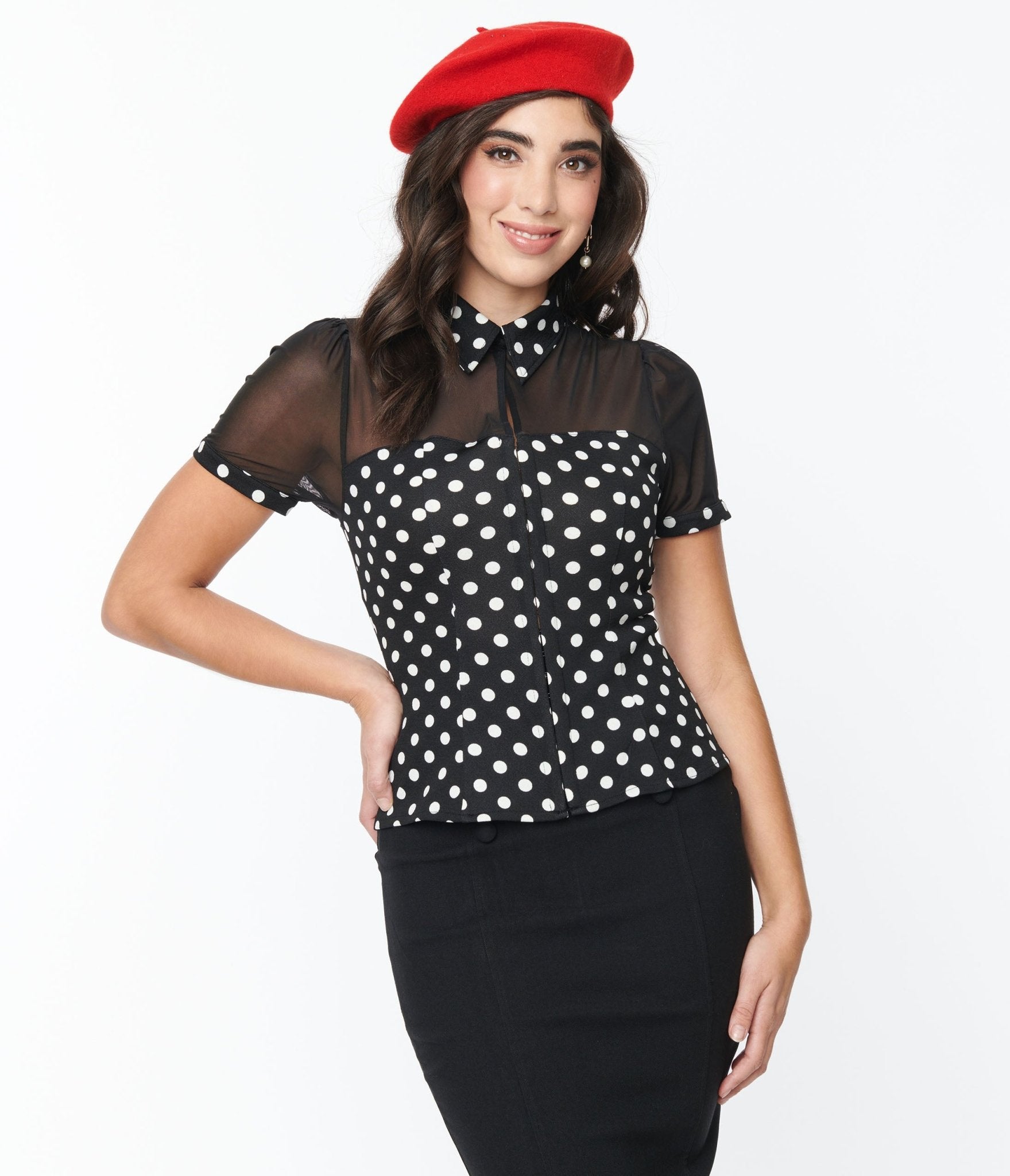Vintage Black and White Polka Dot Mesh Sweetheart Top - Retro 50s Style Women's Blouse for Date Night & Special Occasions