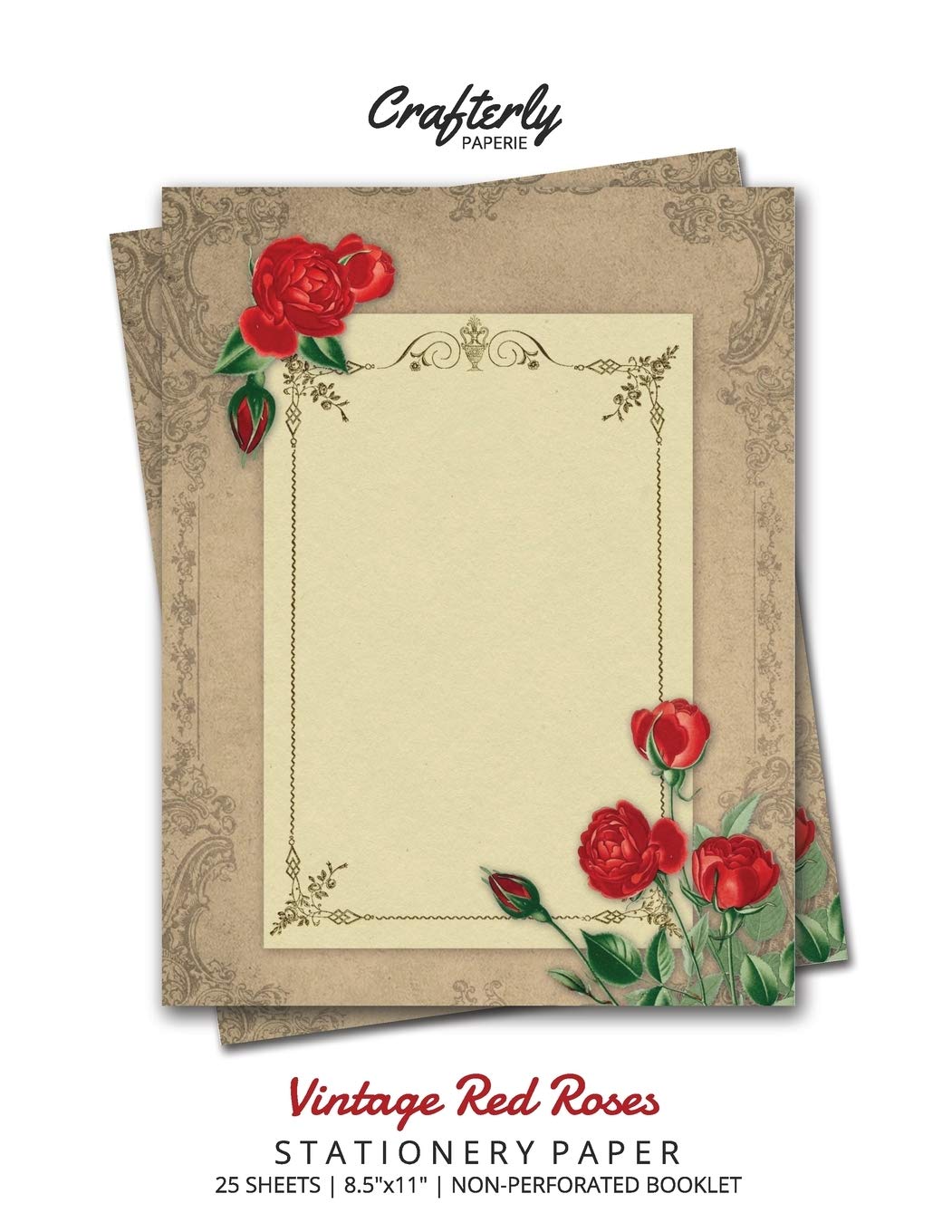 Vintage Red Roses Stationery Paper - Antique Letter Writing Paper with Floral Border Design, 25 Sheets for Home & Office Use | Perfect for Handwritten Letters, Invitations, and Scrapbooking