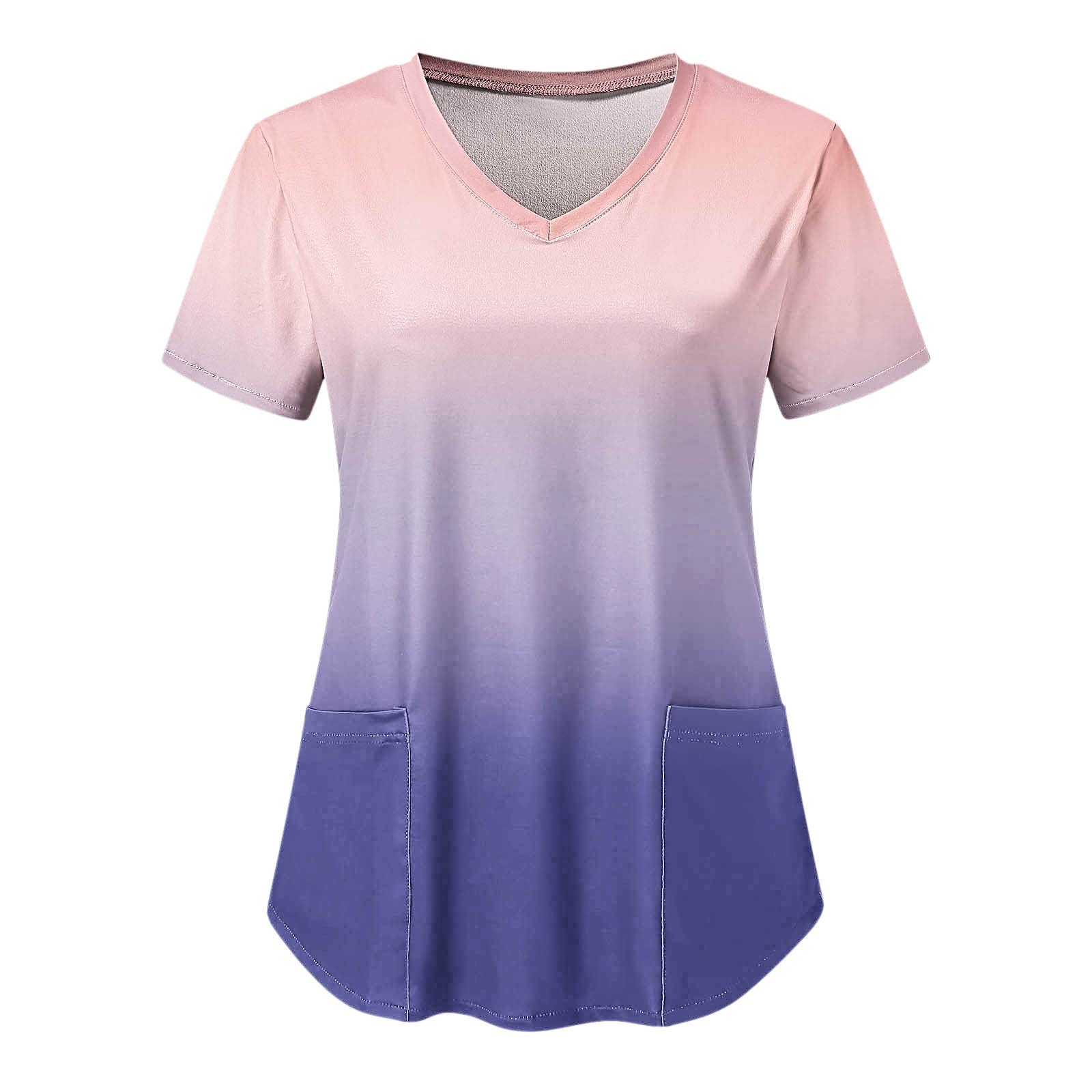 Summer Women's Short Sleeve V-Neck Cartoon Print Tunic T-Shirt - Comfortable Nursing & Work Uniform for Healthcare Professionals | Casual Office Wear & Everyday Outfits