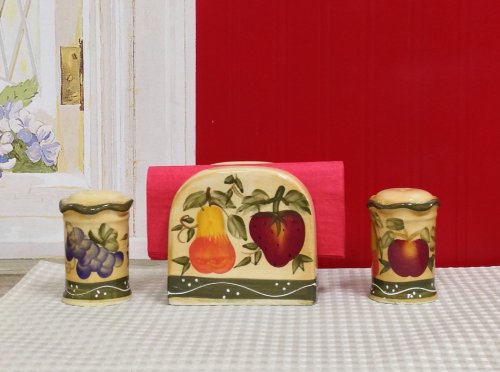 Hand Painted Ceramic Fruit Salt and Pepper Shakers Set with Napkin Holder - Refillable Kitchen Décor for Dining Table, Countertop, and Party Serving