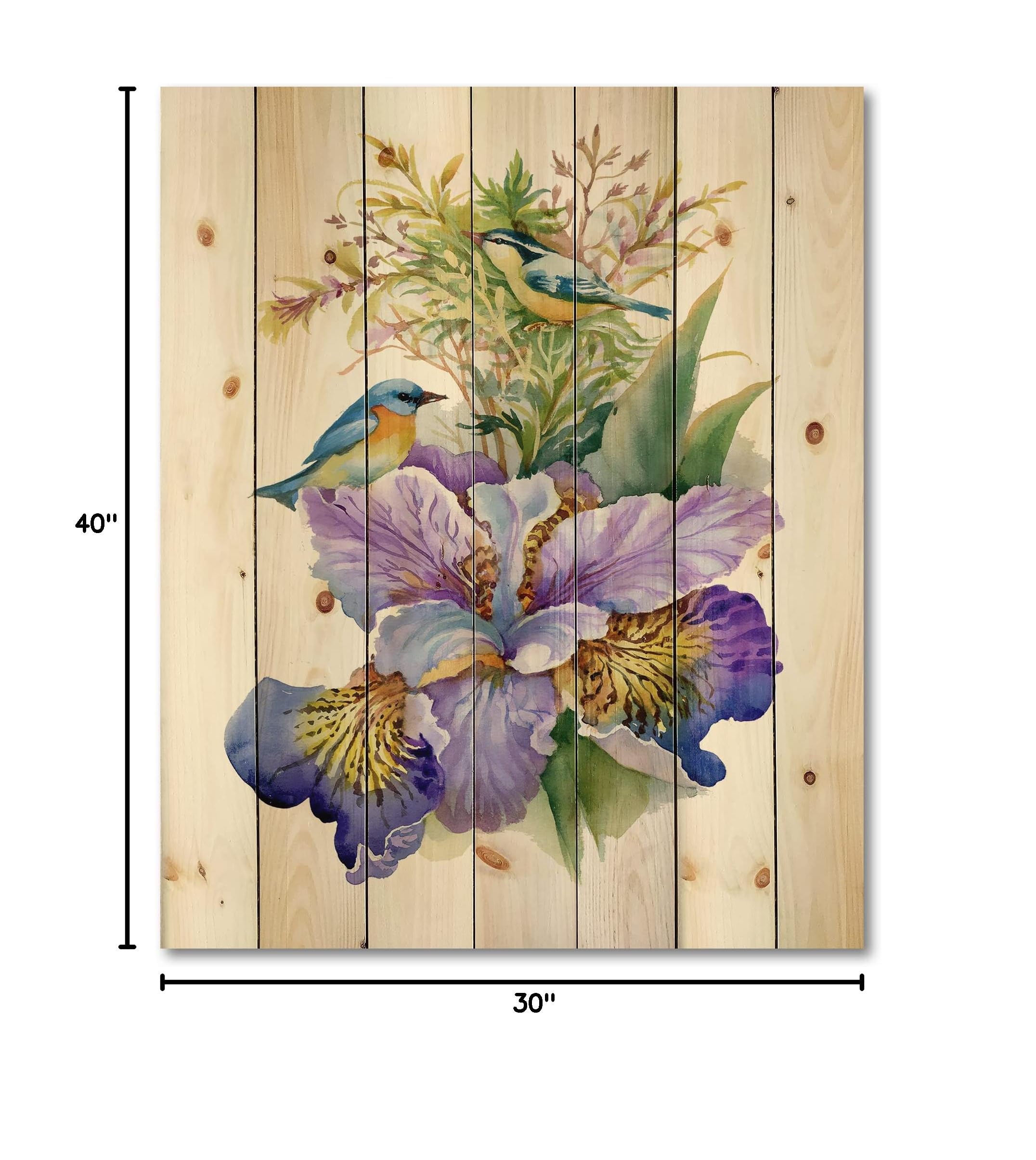 DesignQ Purple Iris with Birds Traditional Wood Wall Decor - Large Floral Wood Wall Art Panel Printed on Natural Pine - Perfect for Living Room, Bedroom & Office Decor