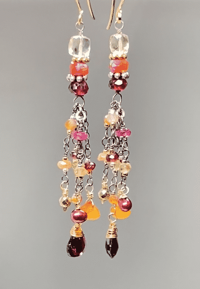 Multi Gemstone Dangle Earrings - Boho Tassel Style with Red Garnet, Carnelian & Citrine - Mixed Metal Jewelry for Women - Perfect for Parties, Weddings & Everyday Wear