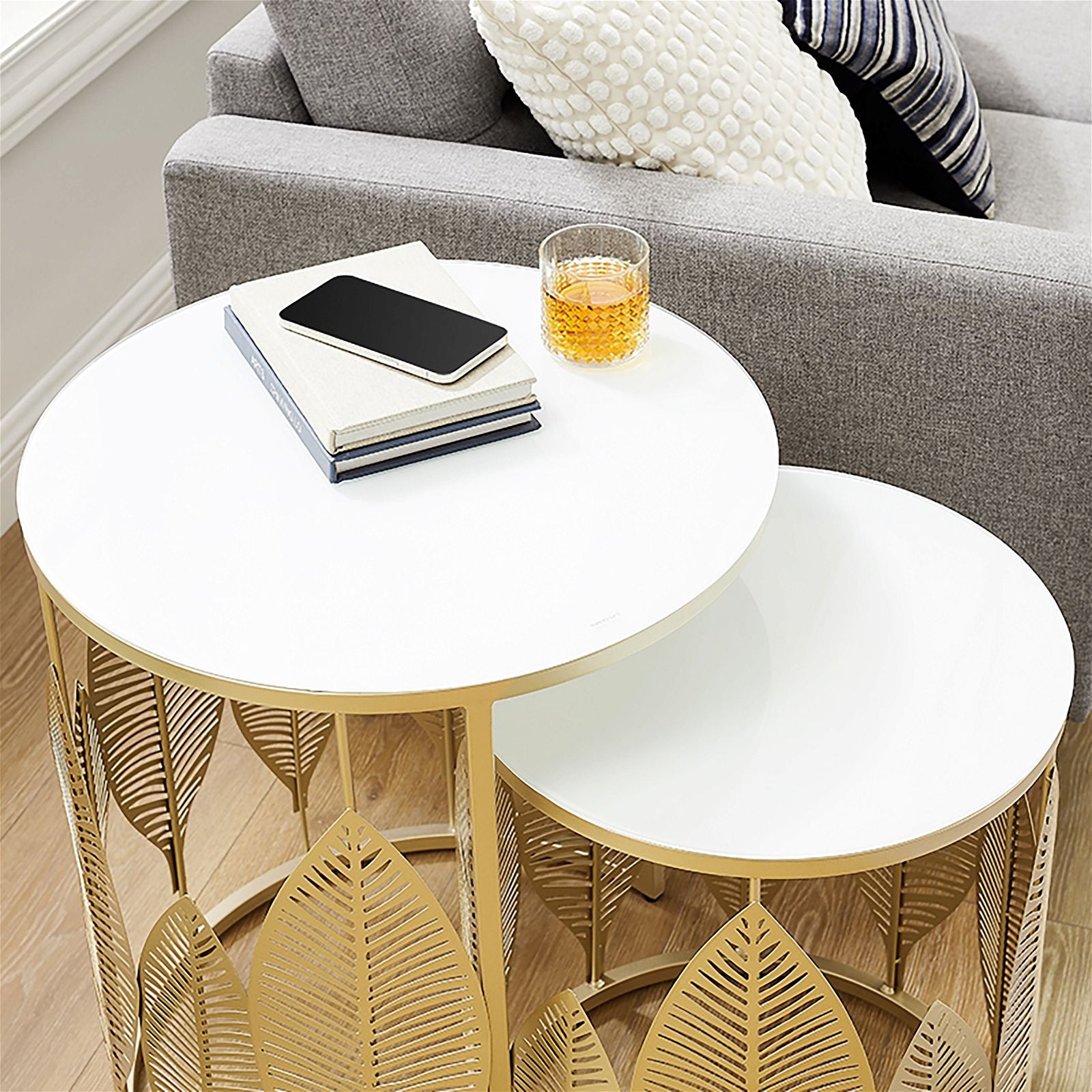 Criterion Gold Metal Frame White Glass Top Leaf Nested Set Coffee Tables 520mm - Perfect for Living Room, Office & Modern Home Decor