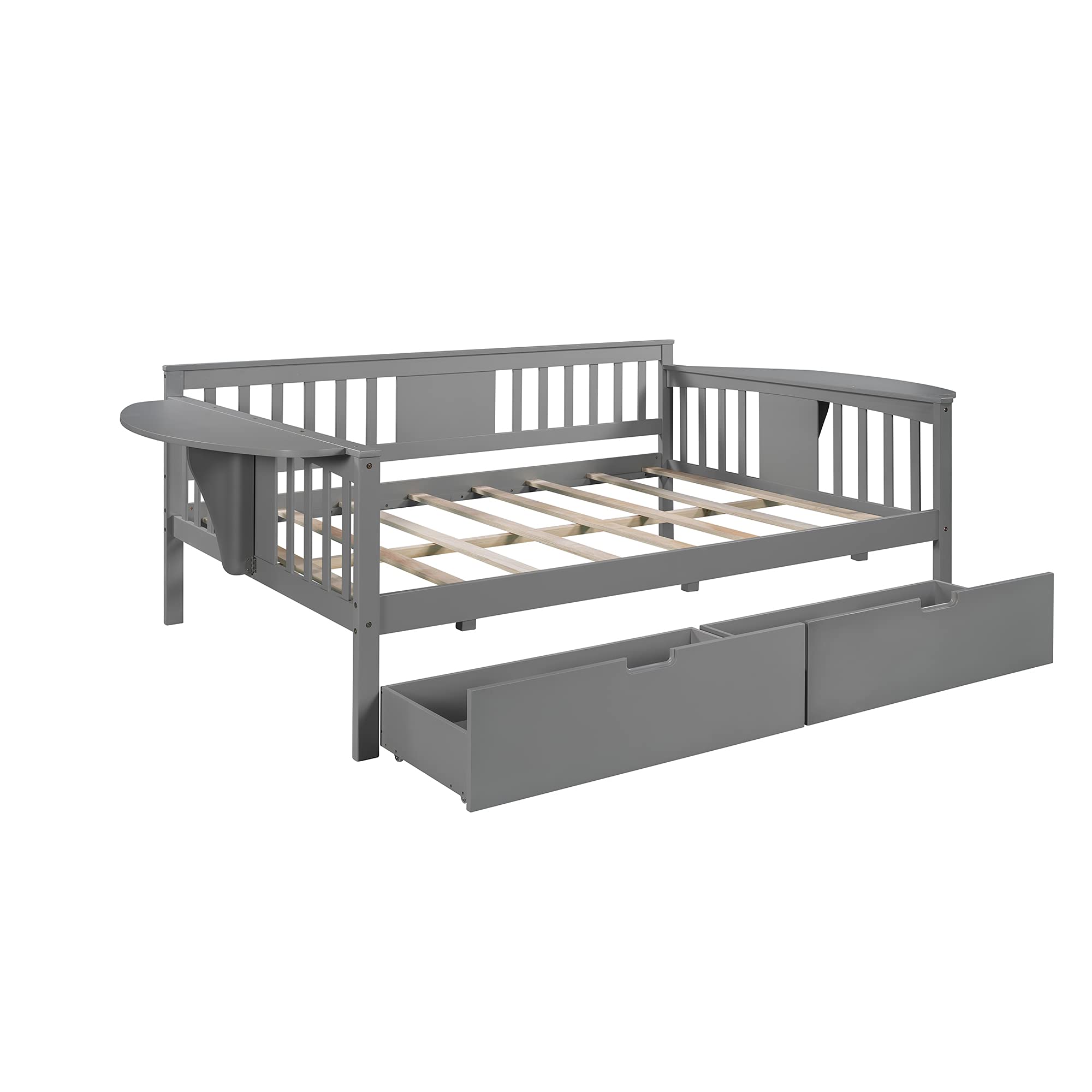 **Solid Wood Daybed with 2 Folding Tables & 2 Drawers - Full-Size Multi-Functional Bed Frame for Kids, Teens & Guest Rooms - No Box Spring Needed - Perfect for Small Spaces, Sleepovers & Home Offices**