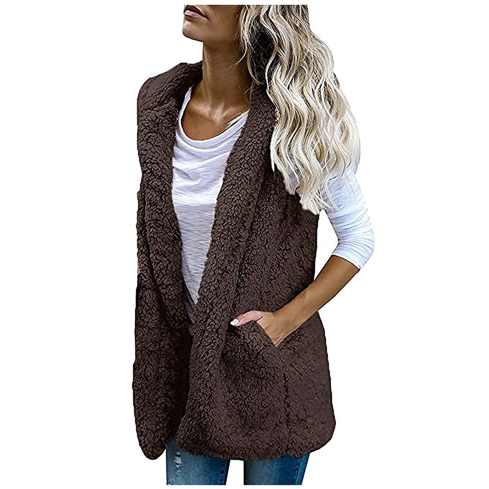 Women's Casual Solid Color Plush Vest Jacket - Warm Sleeveless Outerwear with Pockets & Lapel - Loose Fit Coat Top for Fall/Winter Layering, Office Wear & Outdoor Activities