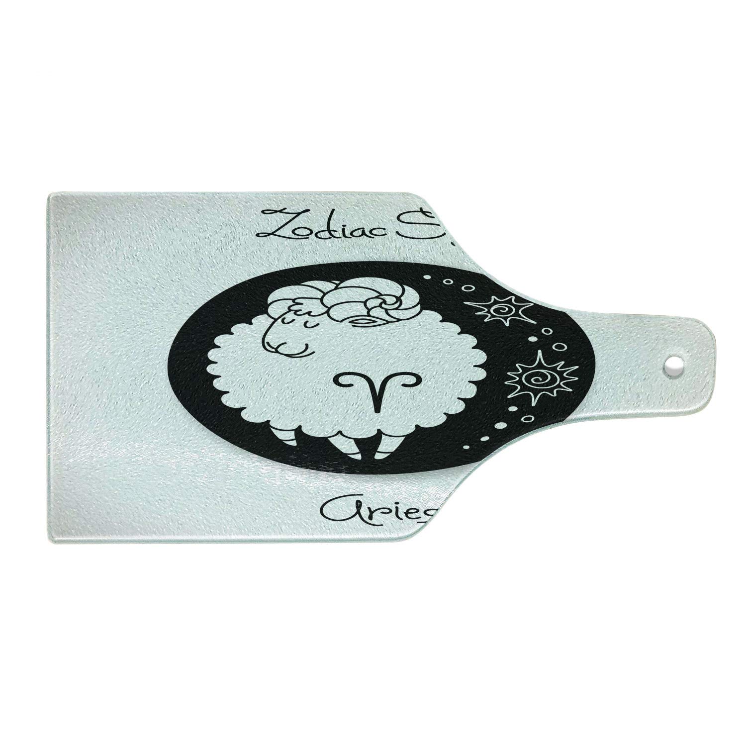 Ambesonne Zodiac Aries Tempered Glass Cutting Board - Black & White Wine Bottle Shape with Fluffy Ram & Tribal Designs - Decorative Serving Board for Kitchen, Dining & Party Entertaining