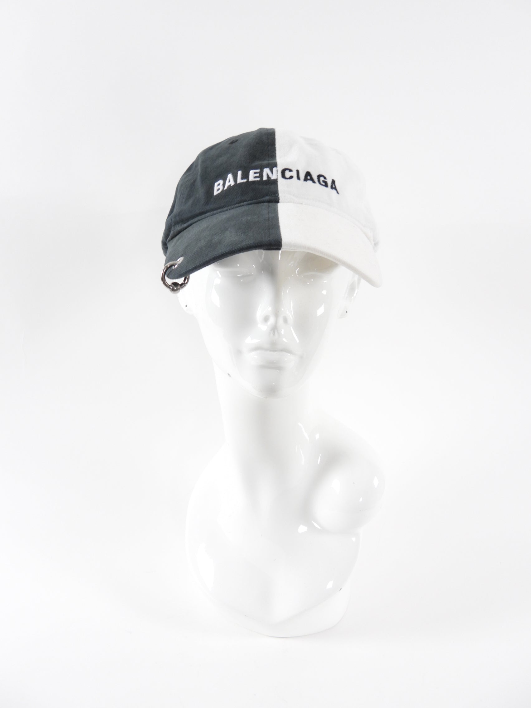 Balenciaga Dark Grey & White 50/50 Logo Piercing Hat - Unisex Baseball Cap for Streetwear Fashion & Urban Lifestyle