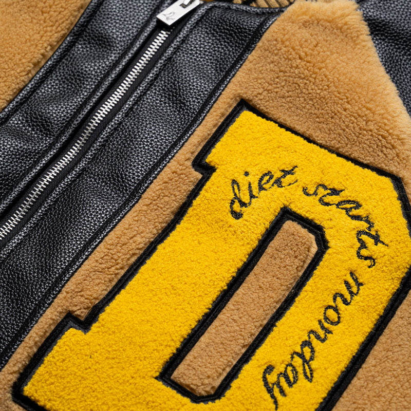 Diet Starts Monday Sherpa Varsity Jacket - Black & Yellow | Cozy Winter Fashion for Women | Perfect for Casual Outings & College Style
