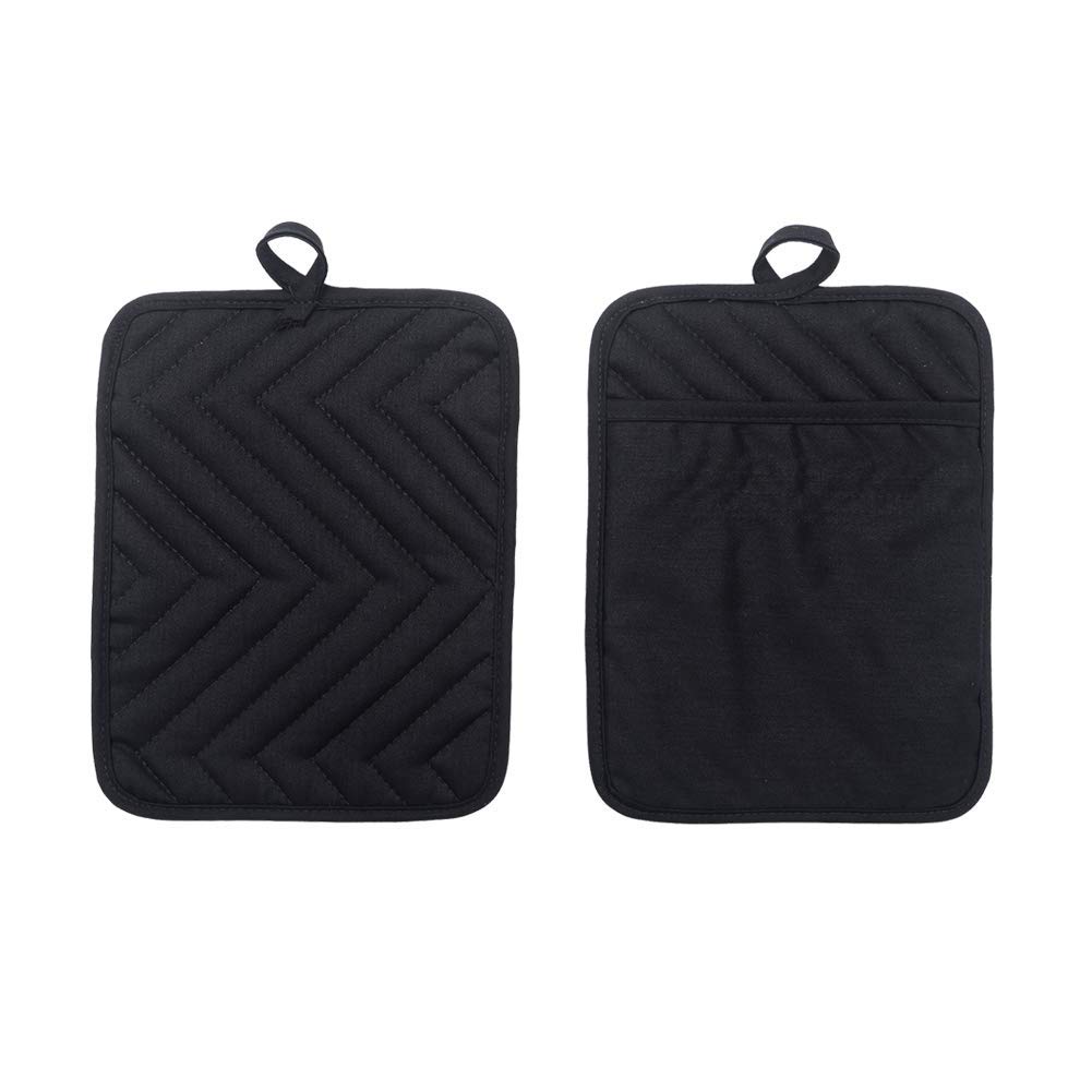 Anyi Heat Resistant Cotton Pot Holders with Pockets - Black Kitchen Counter Table Hot Pads for Cooking, Baking & Serving - Perfect for Stovetop, Oven & Dining Protection