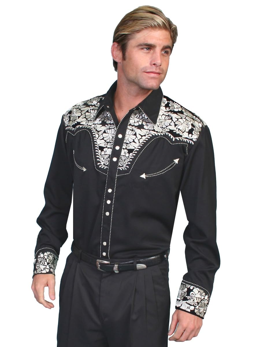 Scully Black Men's Long Sleeve Snap Front Western Embroidered Cowboy Shirt - Vintage Style Workwear for Rodeo, Ranch & Casual Wear (P-634)