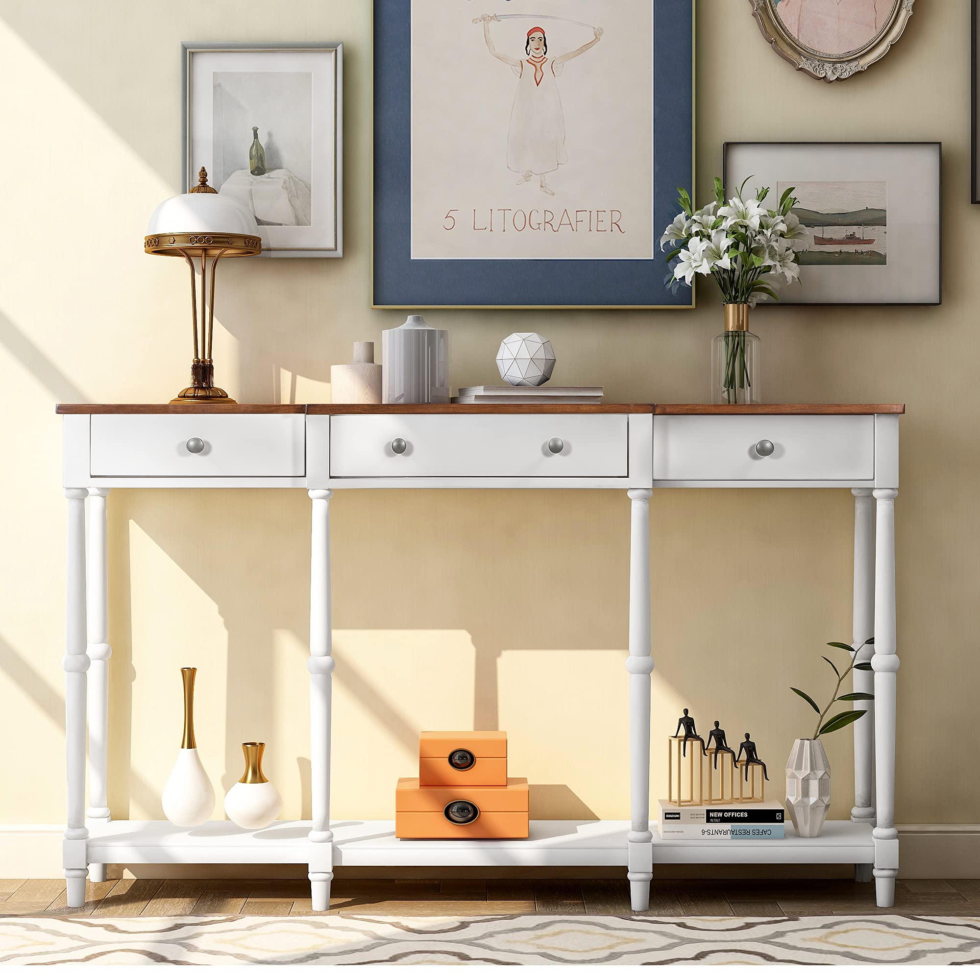 Solid Wood Console Table Sofa Table - Classic Entryway Table with Storage Shelf & Drawer - Narrow Accent Table Furniture for Living Room, Hallway, Bedroom (White+Brown) - Perfect for Home Decor, Small Space Organization & Entryway Storage