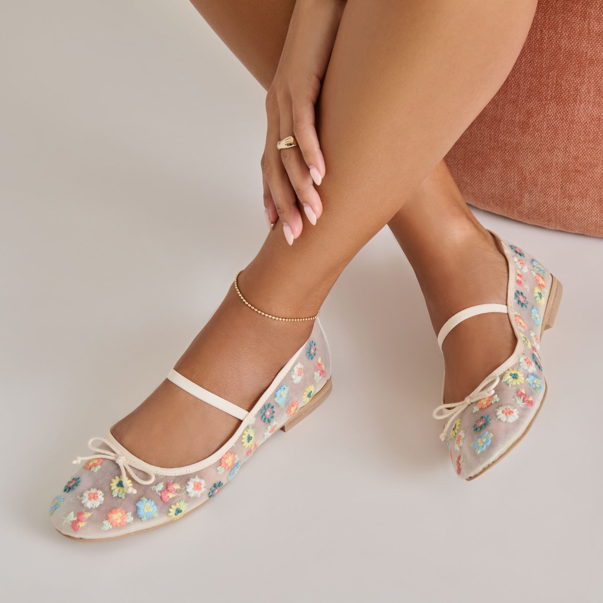 Cadel Floral Ballet Flats for Women - Ivory Floral Mesh Comfortable Slip-On Shoes - Perfect for Dance, Work, and Casual Wear