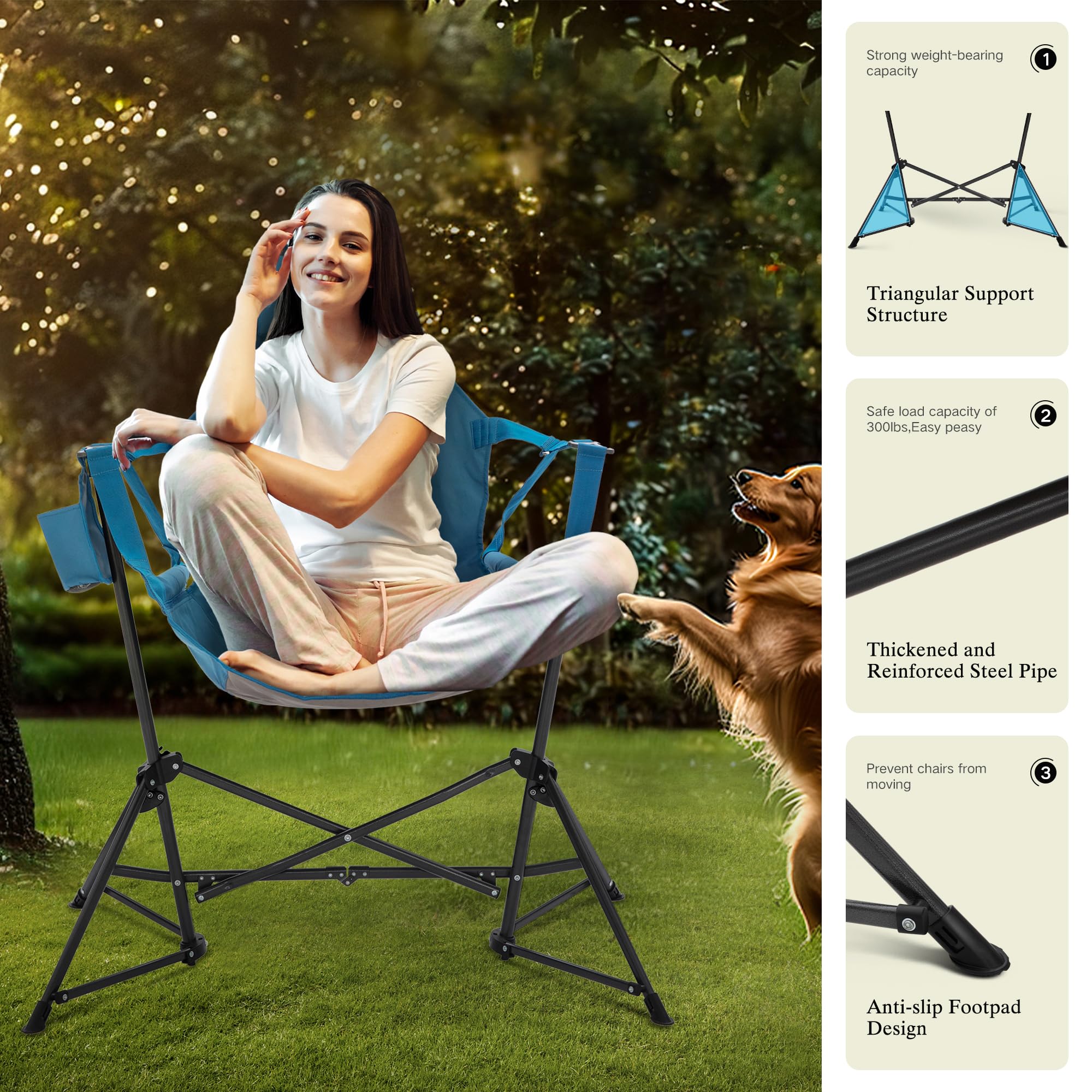 Portable Hammock Camping Chair for Adults - Adjustable Back & Swinging Design, Heavy Duty Folding Outdoor Rocking Chair with Cup Holder & High Back Support - Perfect for Backyard, Beach, Camping & Patio Relaxation (Blue)