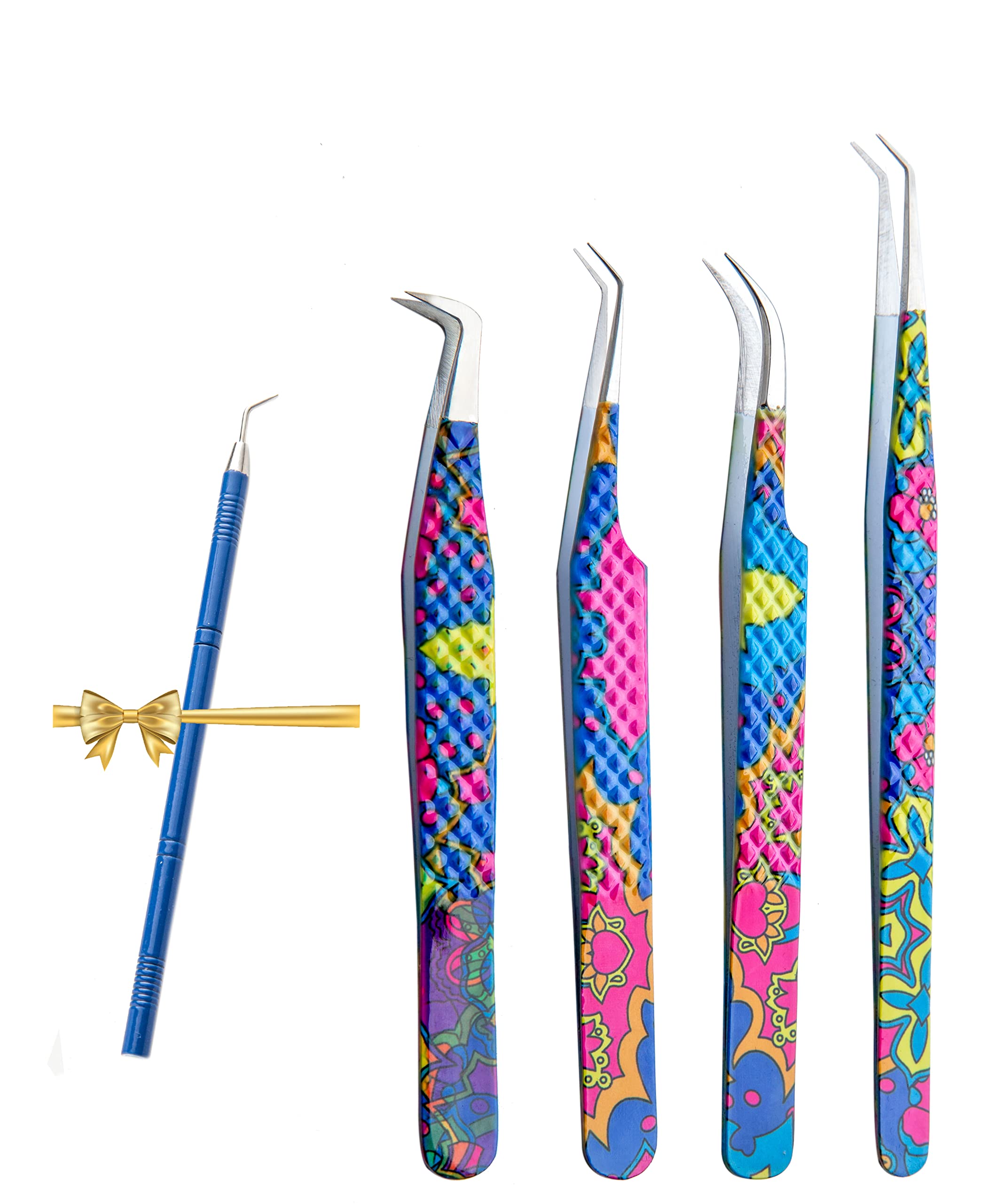 HADIZ Set of 4 Diamond Grip Eyelash Extension Tweezers - Japanese Stainless Steel Lash Tweezers for Professional & Home Use (Art Color) - Perfect for Salon, Spa & DIY Lash Extensions