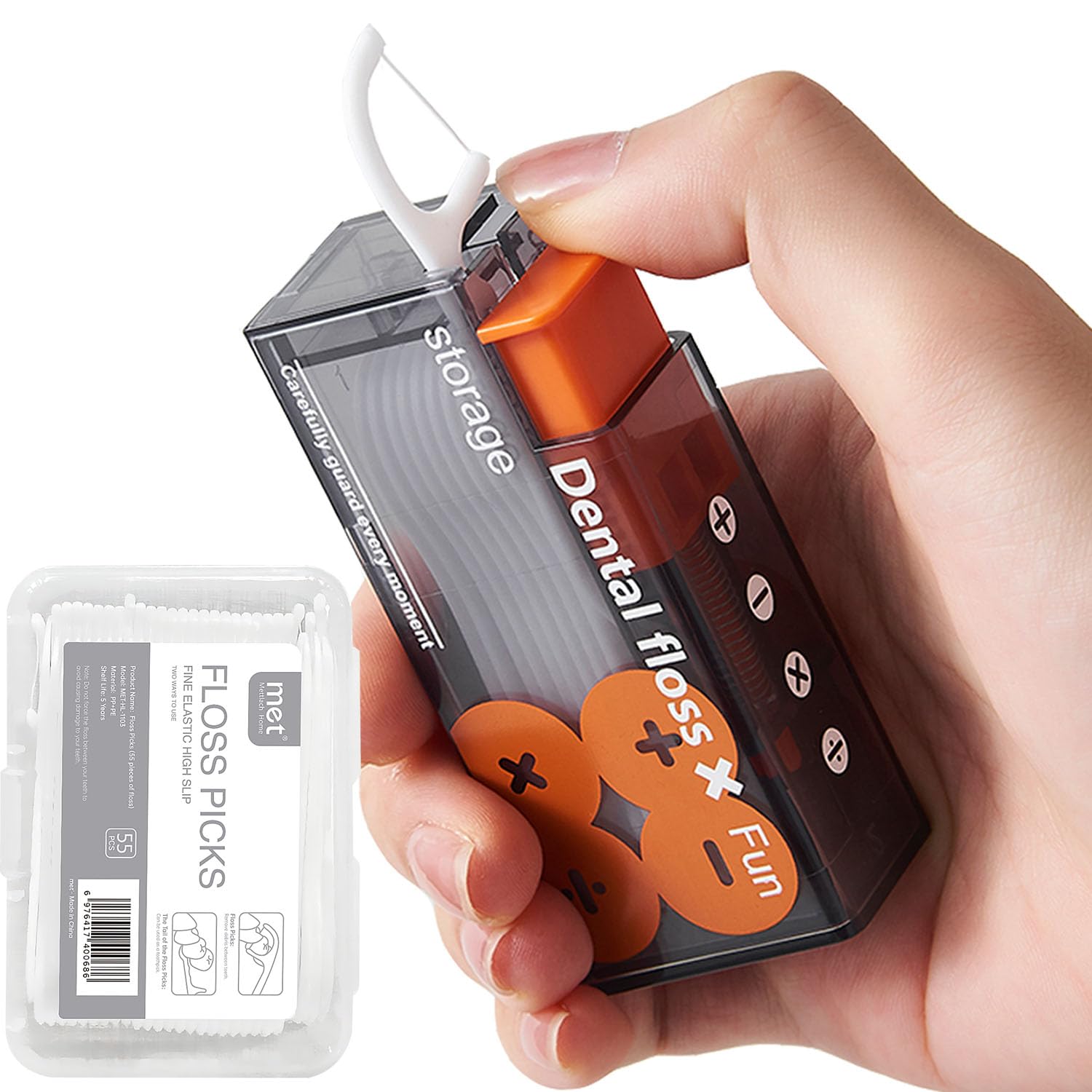 Portable Dental Floss Dispenser with 65 Picks - Includes 10 Orange Flossers & 55 Extra Refills | Travel-Friendly Teeth Cleaning Kit for Home, Office & On-The-Go Oral Care