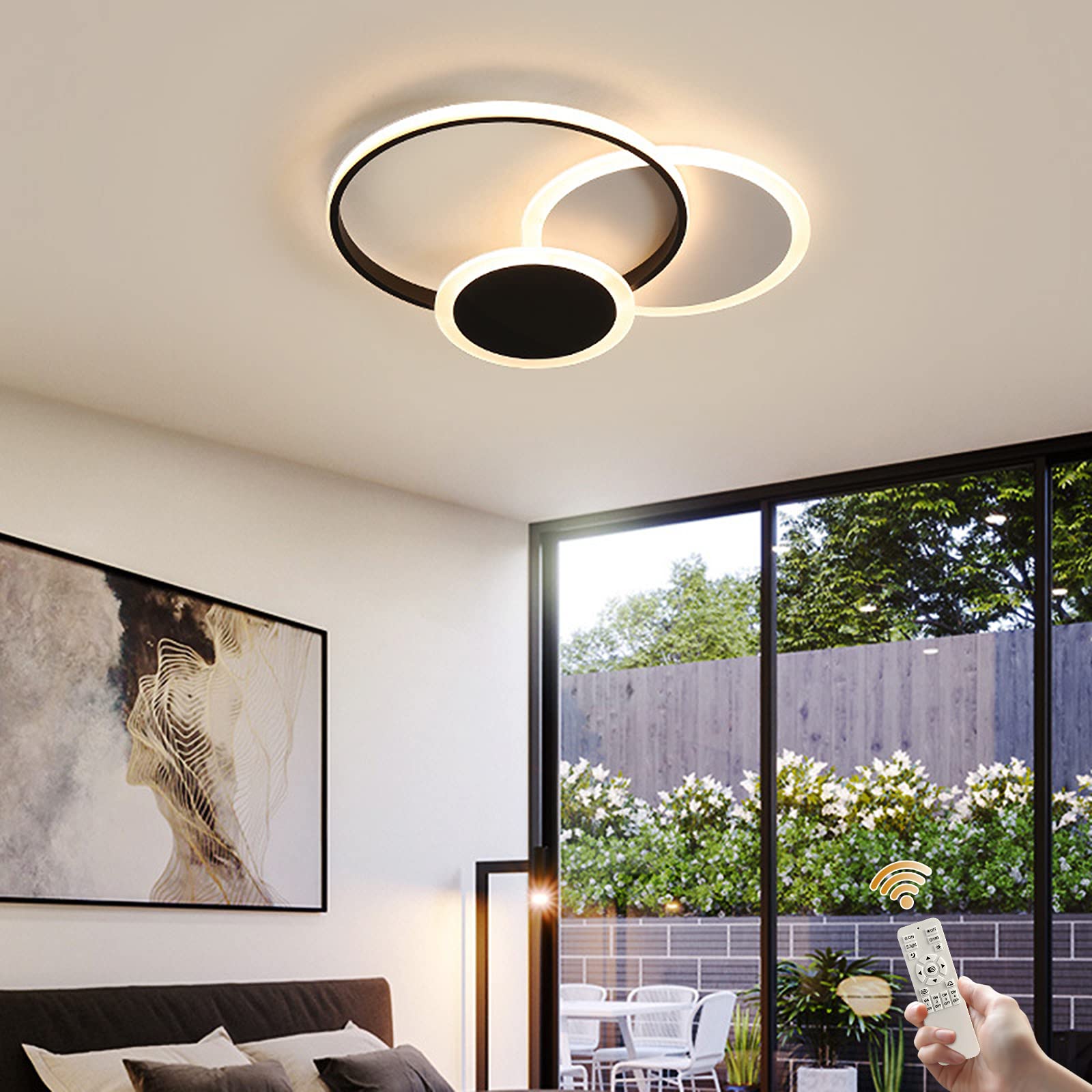 Becailyer Modern LED Ceiling Light Fixture - Dimmable Flush Mount Round Acrylic Chandelier with Remote Control - Perfect for Living Room, Bedroom, Kitchen & Dining Room Lighting - Black