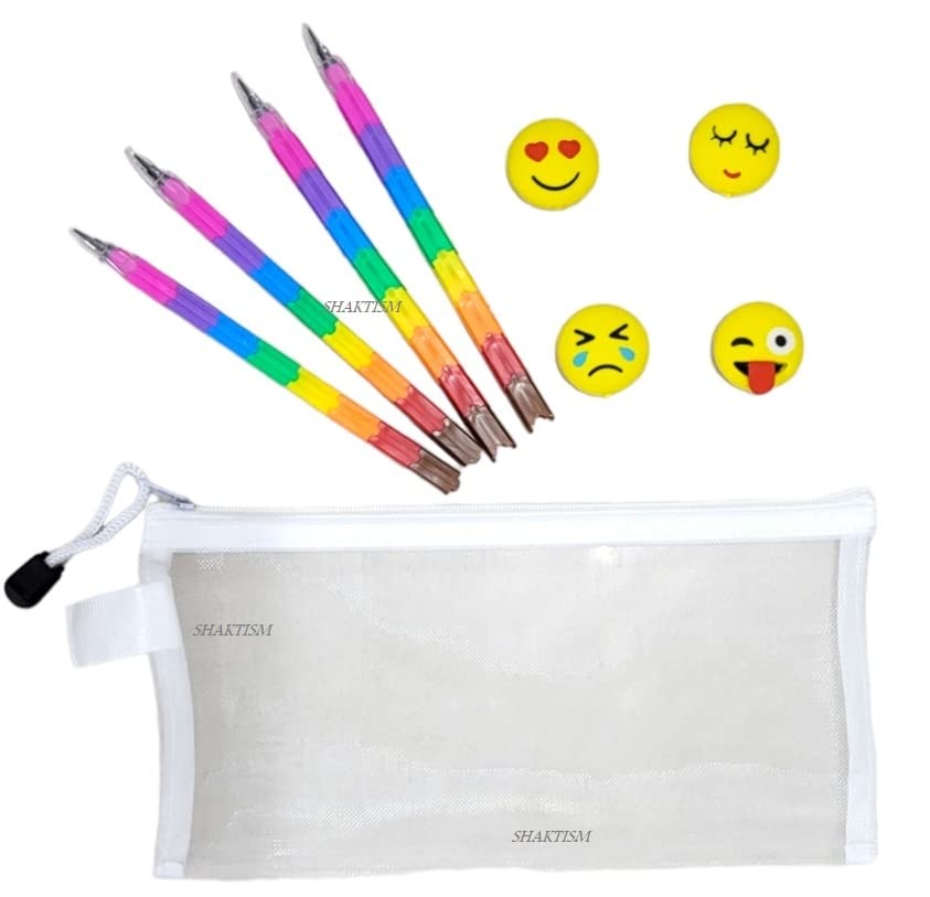 Shaktism Mechanical Pencils & Eraser Set - 12-Piece Writing Kit with Emoji-Shaped Erasers, Transparent Pouch for School, Office & Art | Perfect Gift for Kids, Boys & Girls | Back to School Supplies, Birthday Present & Classroom Essentials