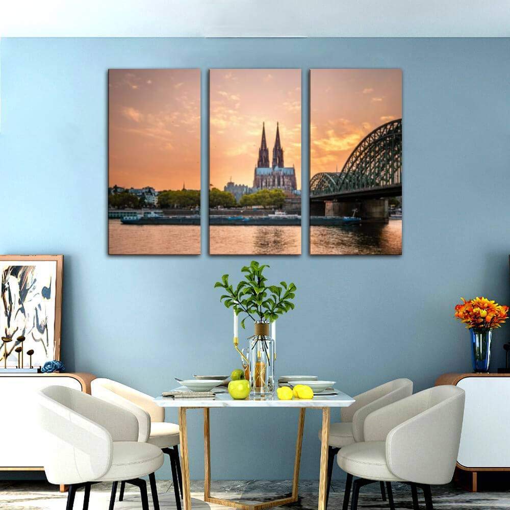 Blaverr 3 Panel Wall Art - Modern Canvas Prints of Cologne Germany City Skyline at Sunset with Iconic Bridge - Home Decor for Living Room & Bedroom - Ready to Hang - Perfect for Gifts & Interior Design