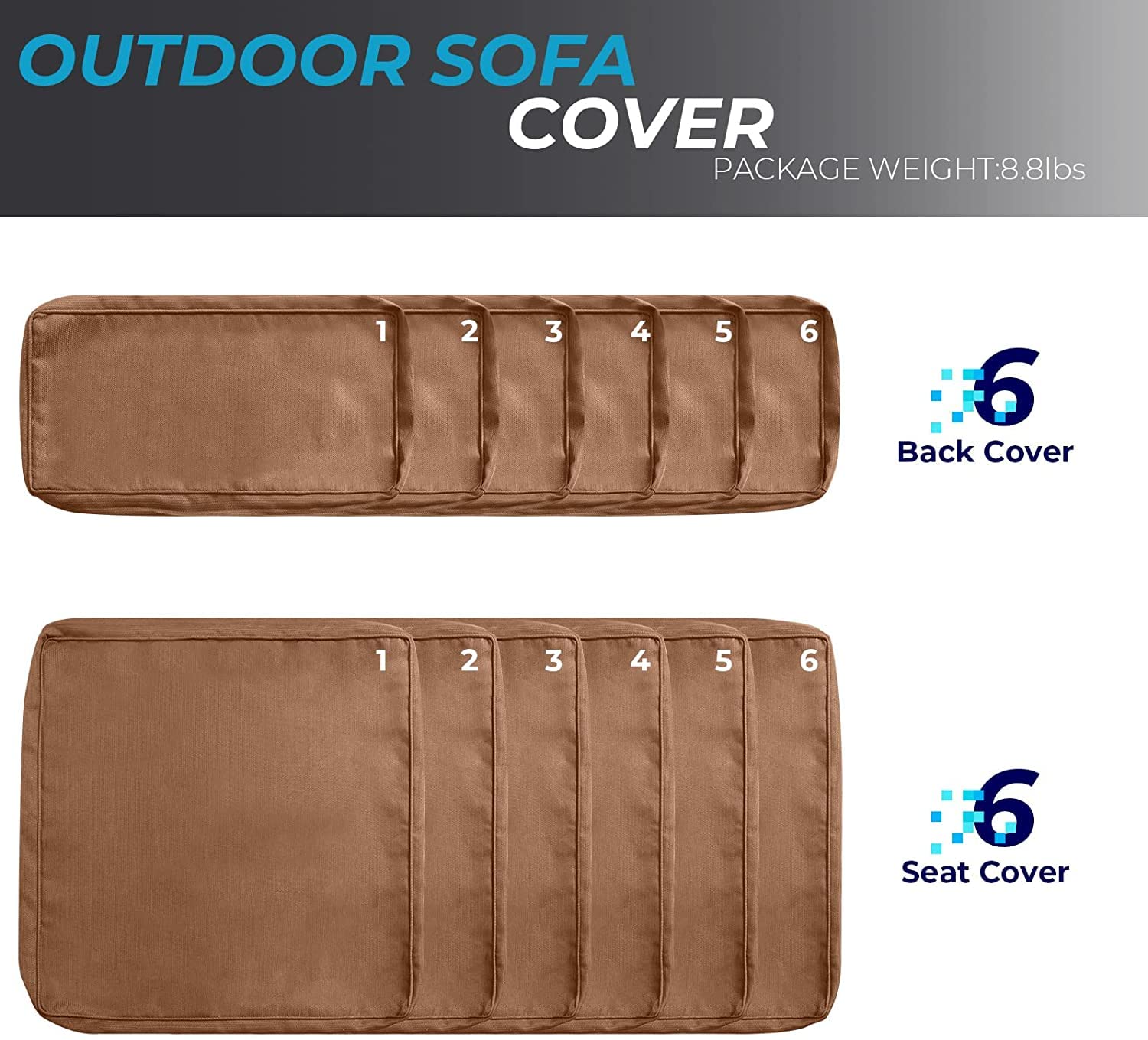 Crownland 12-Piece Outdoor Patio Cushion Covers Set - 6 Seat & 6 Back Slipcovers with Zipper Design for Sofa Couch Replacement (Brown) - Waterproof, UV Resistant for Deck, Garden & Poolside Furniture Protection