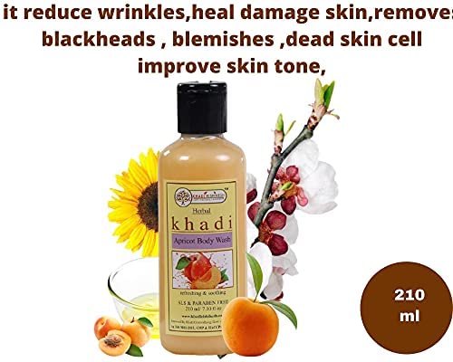 Khadi Rishikesh Ayurvedic Body Wash - Apricot Refreshing Shower Gel for Women & Men - Removes Dead Skin Cells - SLS & Paraben Free 210ml - Includes Free Loofah Bathing Sponge - Perfect for Daily Cleansing in Summer & Winter - Ideal for Dry, Sensitive Skin & Relaxing Bath Time