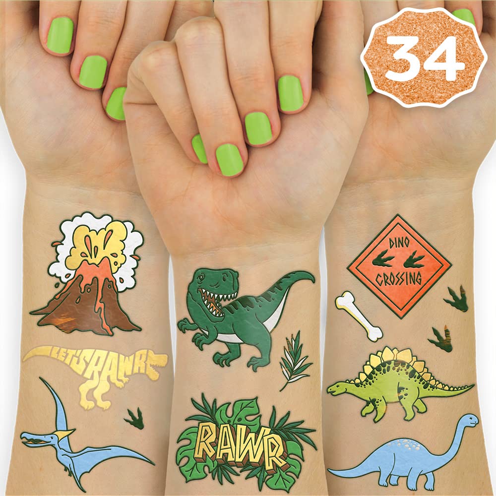Fetti Dinosaur Temporary Tattoos for Kids - 34 Styles | Dino Party Favors, T-Rex Decorations for Birthday Parties, School Events & Halloween Costumes