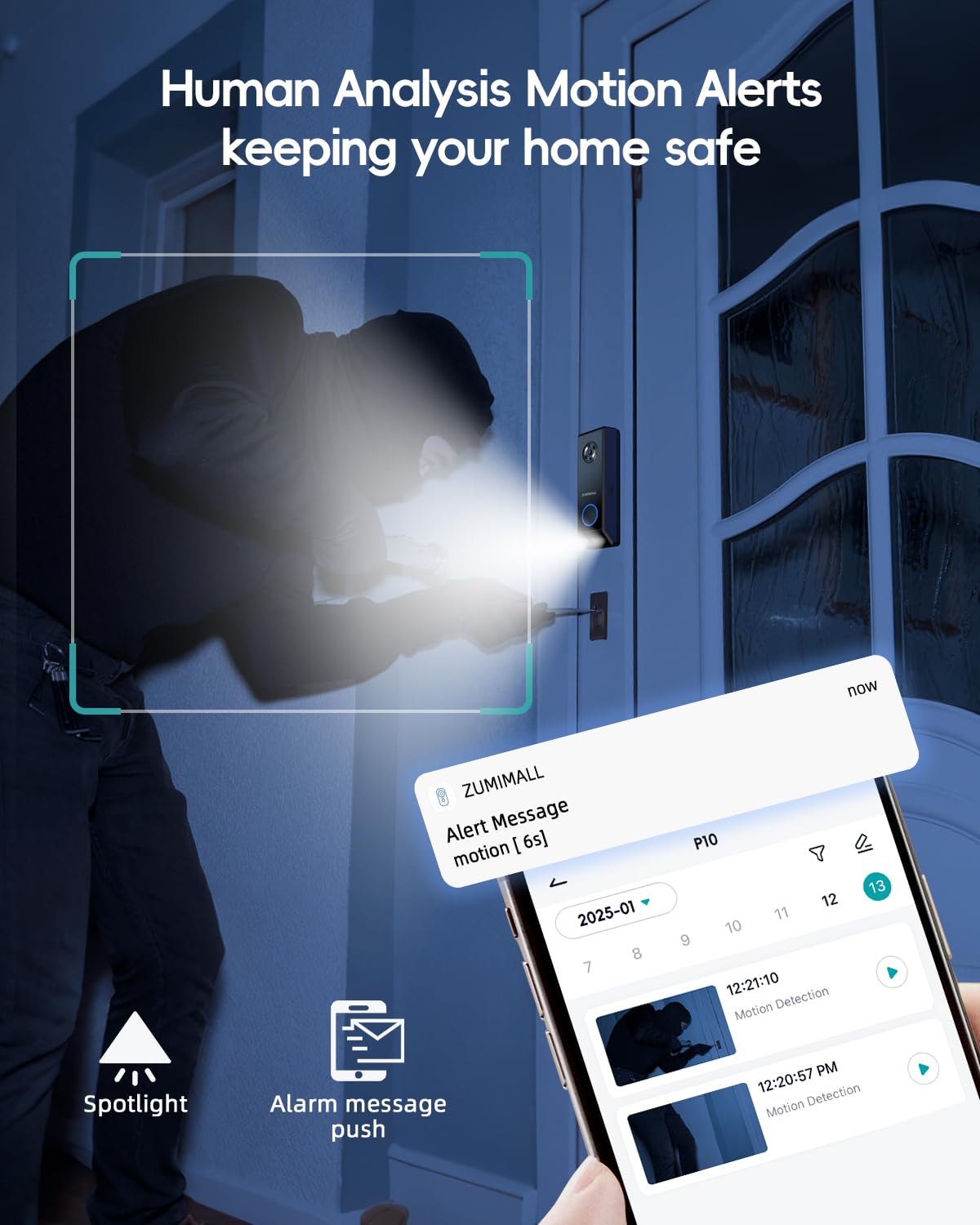 ZUMIMALL 2K HD Dual Lens Video Doorbell Camera with Wireless Chime - Solar & Battery Powered, No Monthly Fees, Wireless/Wired Installation, 2-Way Talk, IP65 Weatherproof, Cloud Storage, Alexa Compatible, PIR Motion Detection, AI Recognition, 2.4G WiFi - Perfect for Home Security & Smart Door Monitoring