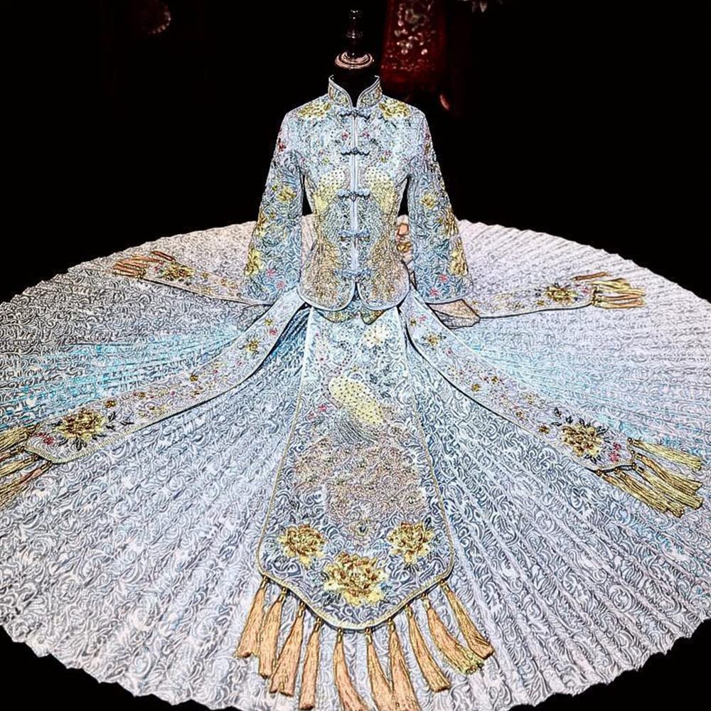 Elegant Blue Chinese Qipao Wedding Dress for Women - Traditional Xiuhe Bridal Gown with Waist Cut Design | Perfect for Bridal Showers, Tea Ceremonies & Cultural Weddings
