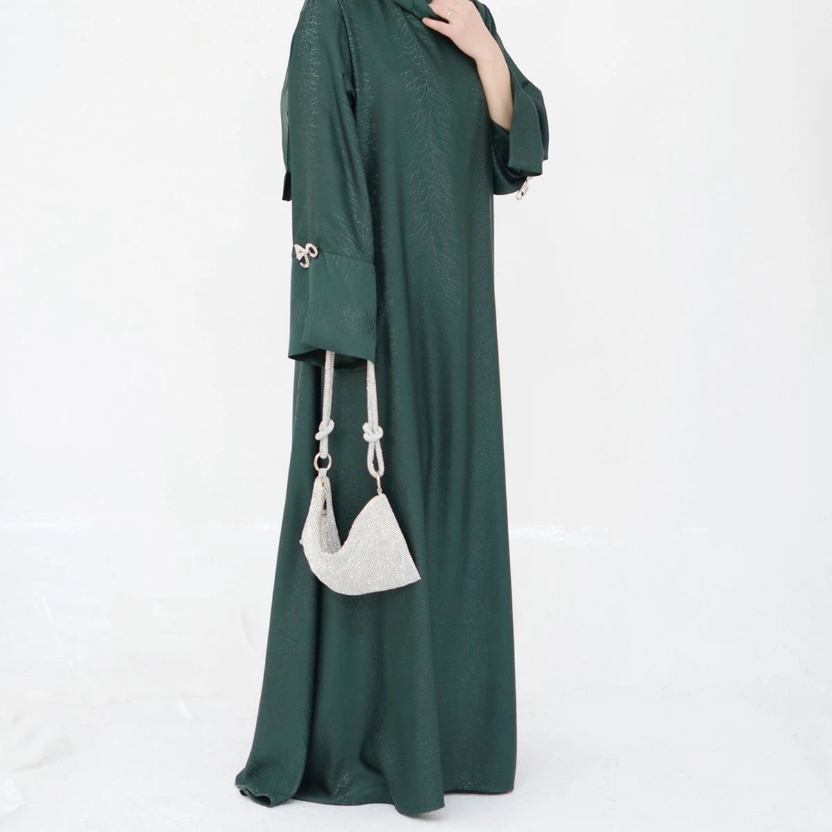Elegant Jacquard Satin Bow Abaya Dress #25006 - Modest Muslim Women's Prayer Dress for Special Occasions & Daily Wear