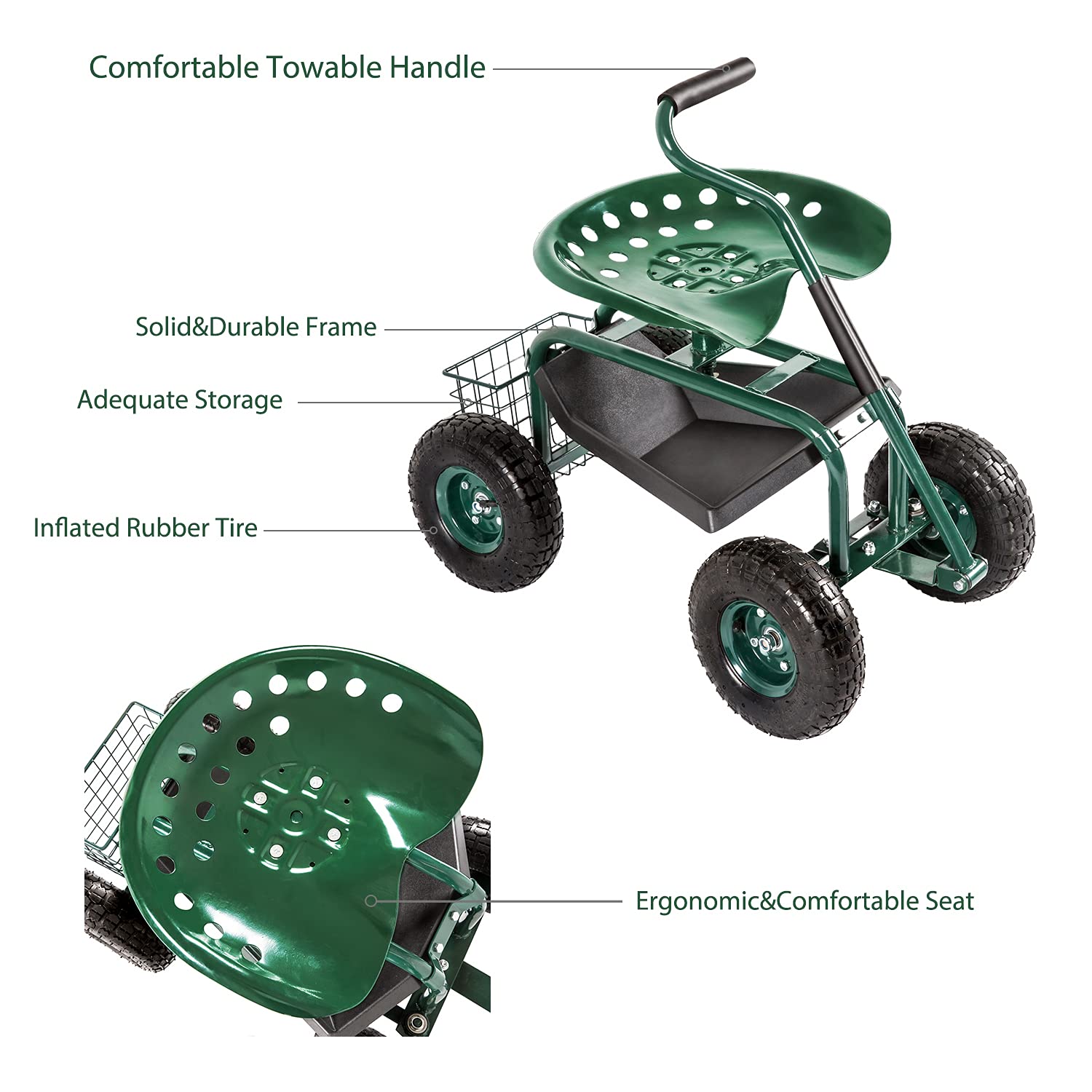 Heavy Duty Garden Cart with Wheels - Outdoor Rolling Work Seat & Patio Wagon Scooter for Planting, Gardening, and Yard Work - Includes Tool Tray for Convenient Storage (Perfect for Landscaping, Farming, and Home Garden Maintenance)