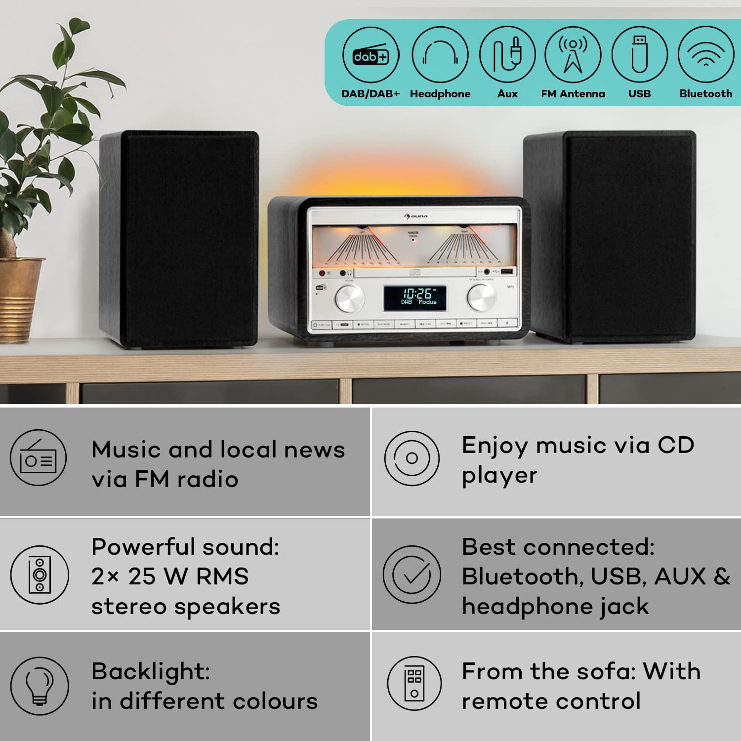 Auna DAB Radio CD Player with Bluetooth & AUX - 25W Detachable Stereo Speakers, FM/DAB/DAB+ Digital Radio, LCD Display, Remote Control, MP3/USB Playback - Perfect for Home, Office & Music Streaming