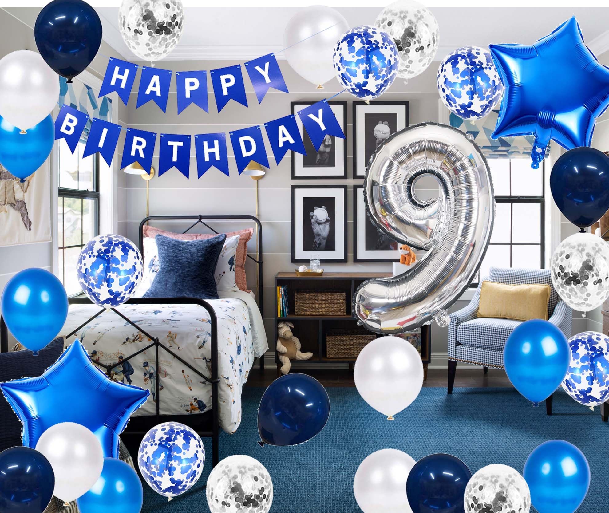 9th Birthday Party Decorations Set - Blue & Silver Star Foil Balloon, Happy Birthday Banner, Number 9 Balloon, Confetti Balloons for Boys 9th Birthday Party | Perfect for Indoor & Outdoor Celebrations, Birthday Photoshoots, and Gift Giving
