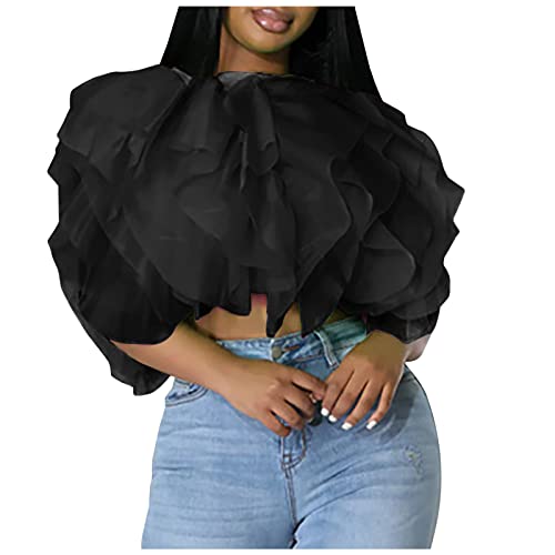 YZHM Women's Summer Ruffle Flowy Chiffon Short Sleeve Blouse - Puffy Cropped Top & Sleeveless Shirt for Ladies | Perfect for Beach Vacations, Date Nights & Casual Outings