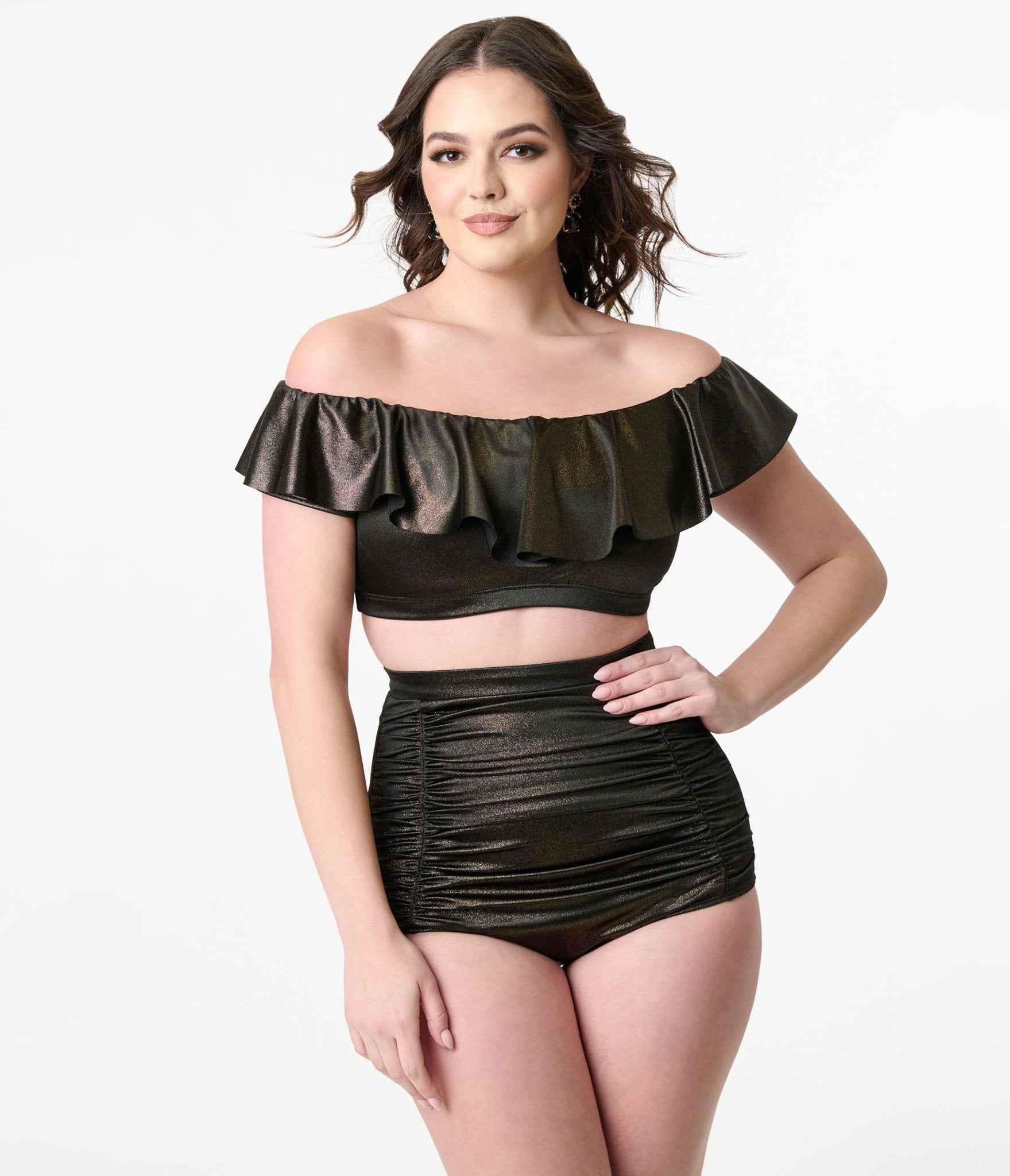 Vintage Black Shimmer Ruffled Ramina Swim Top - Retro High Neck Bikini Top for Women, Perfect for Beach Vacations & Pool Parties