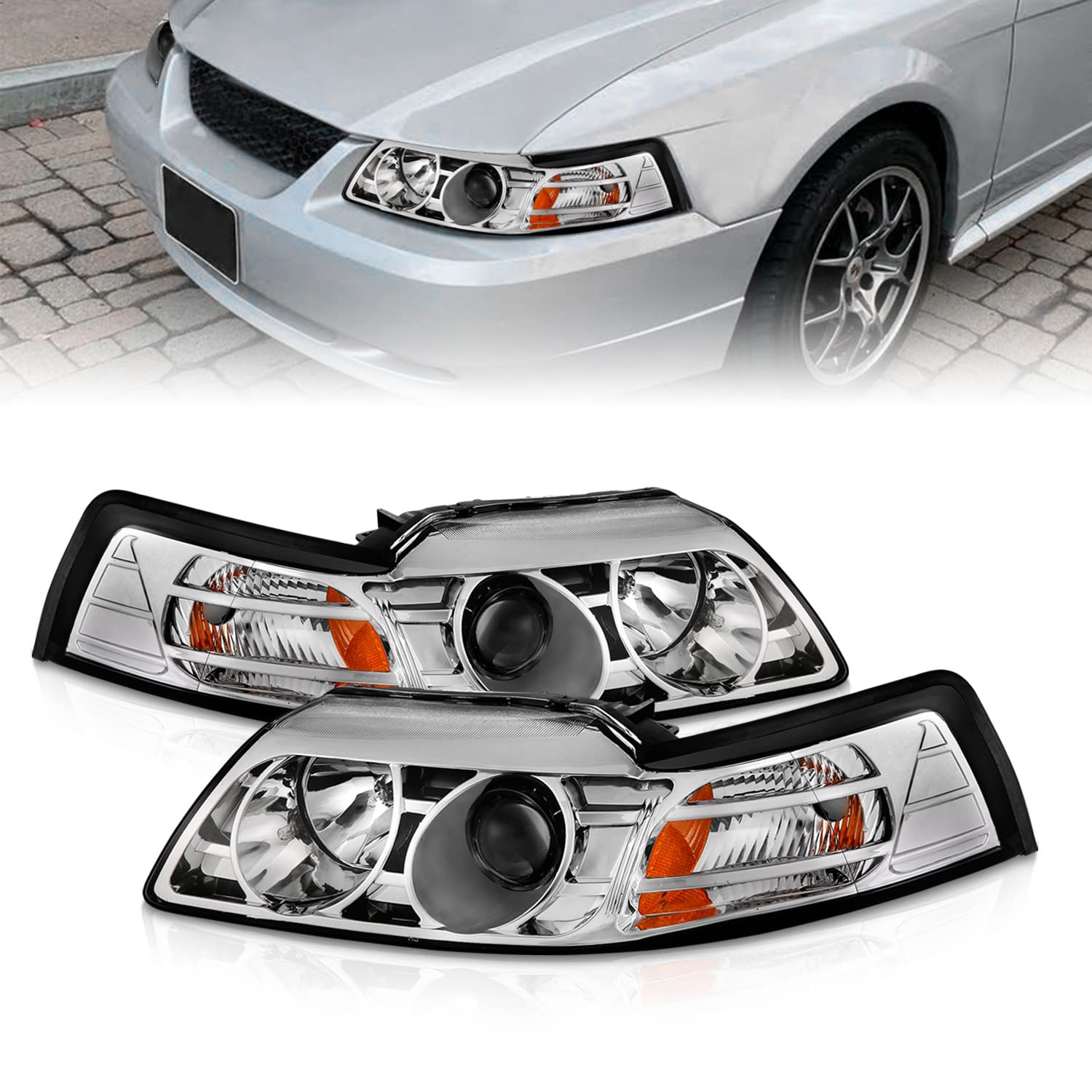 1999-2004 Ford Mustang New Edge Chrome Amber Reflector Projector Headlights Pair - Left & Right Side | High-Performance Lighting Upgrade for Night Driving & Custom Styling