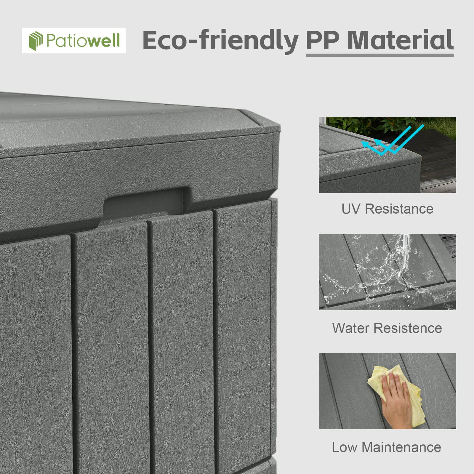 Patiowell 82 Gallon Resin Deck Box - Waterproof Large Outdoor Storage Container with Wood Look Finish for Patio Furniture, Pool Toys, Garden Tools & Sports Equipment | Lockable Grey Deck Box for Backyard, Poolside & Garage Organization